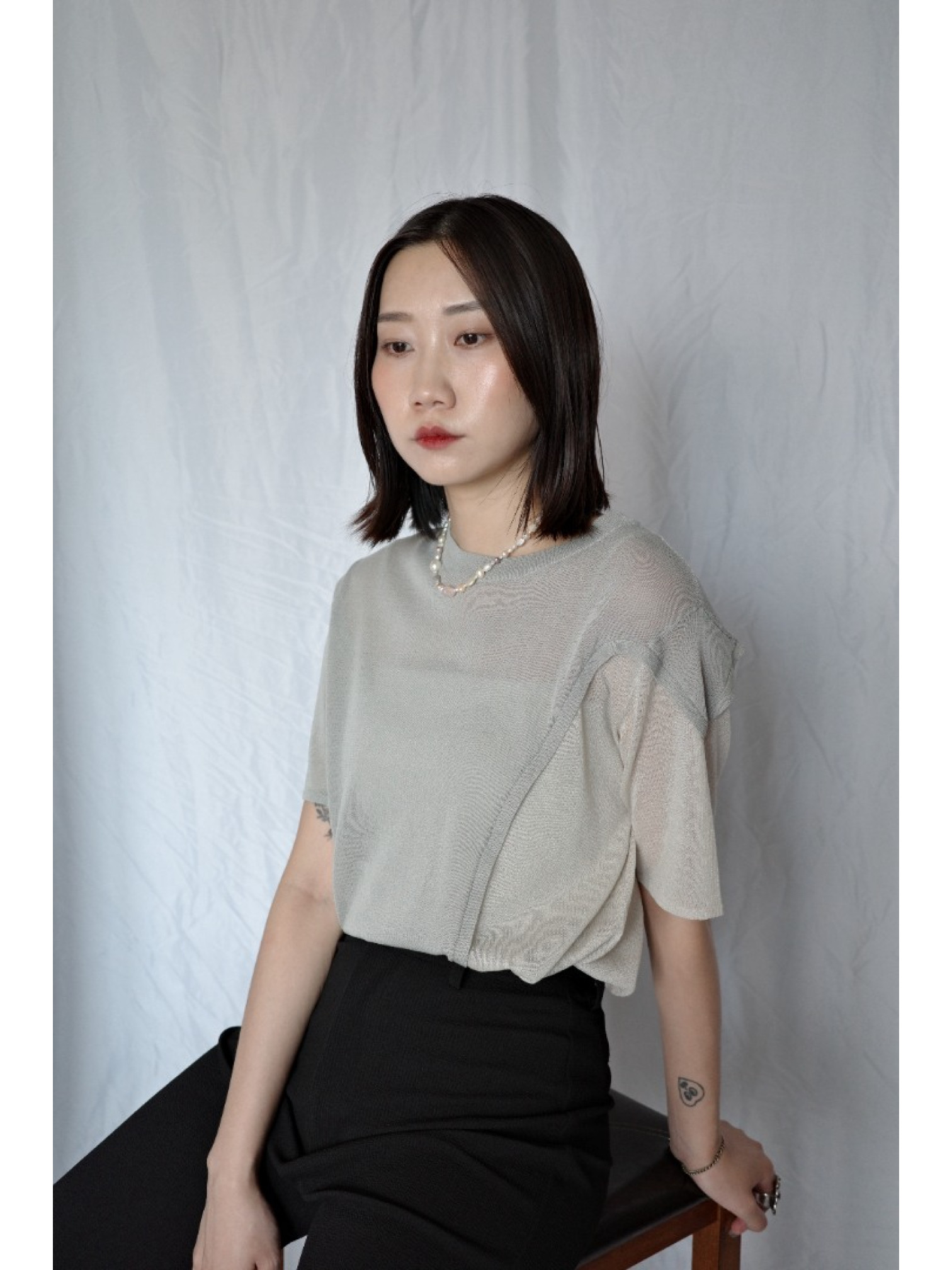 🇯🇵拼接造型透感針織上衣/灰綠