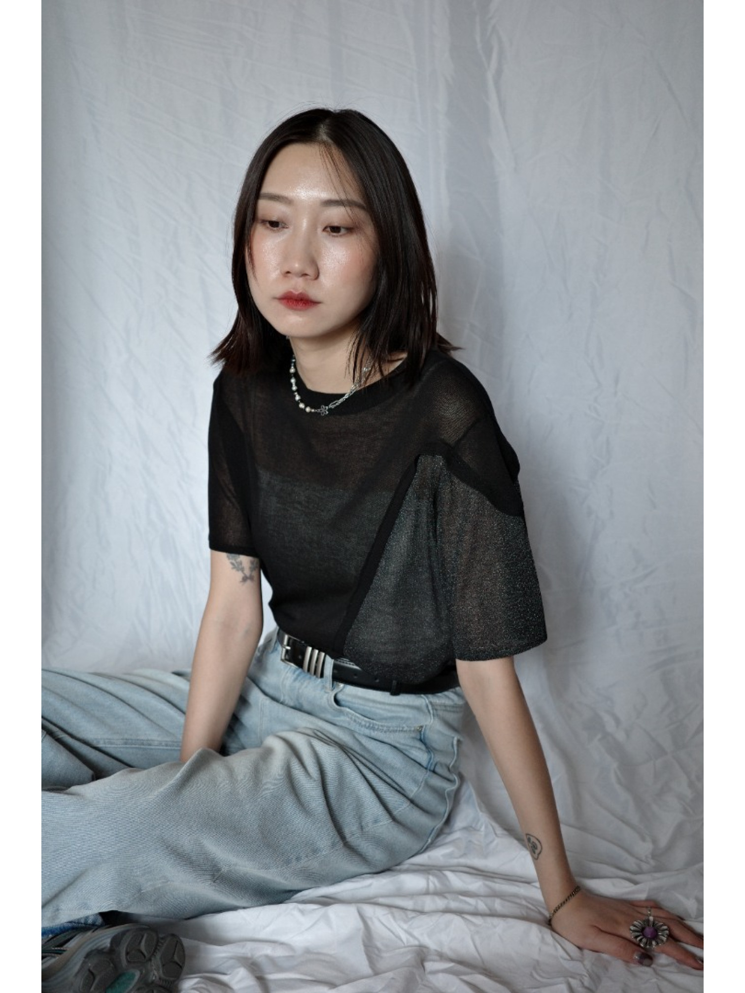 🇯🇵拼接造型透感針織上衣/灰綠