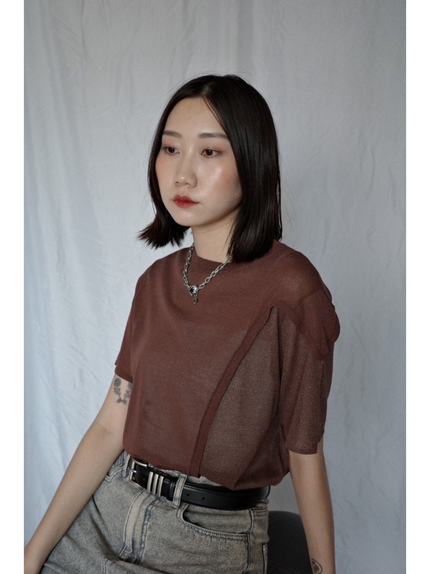 🇯🇵拼接造型透感針織上衣/灰綠