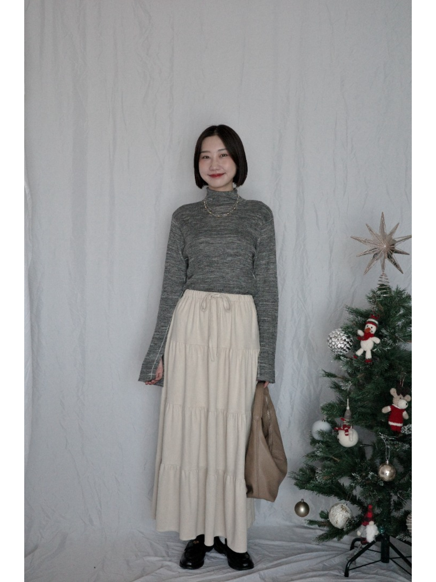 JP｜袖口開衩羅紋針織衫/椒鹽灰