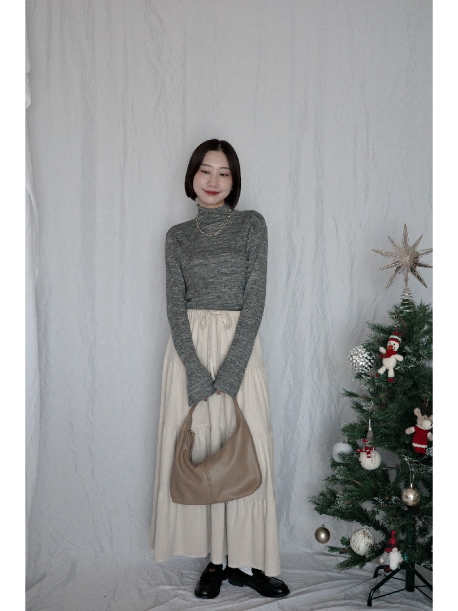 JP｜袖口開衩羅紋針織衫/椒鹽灰