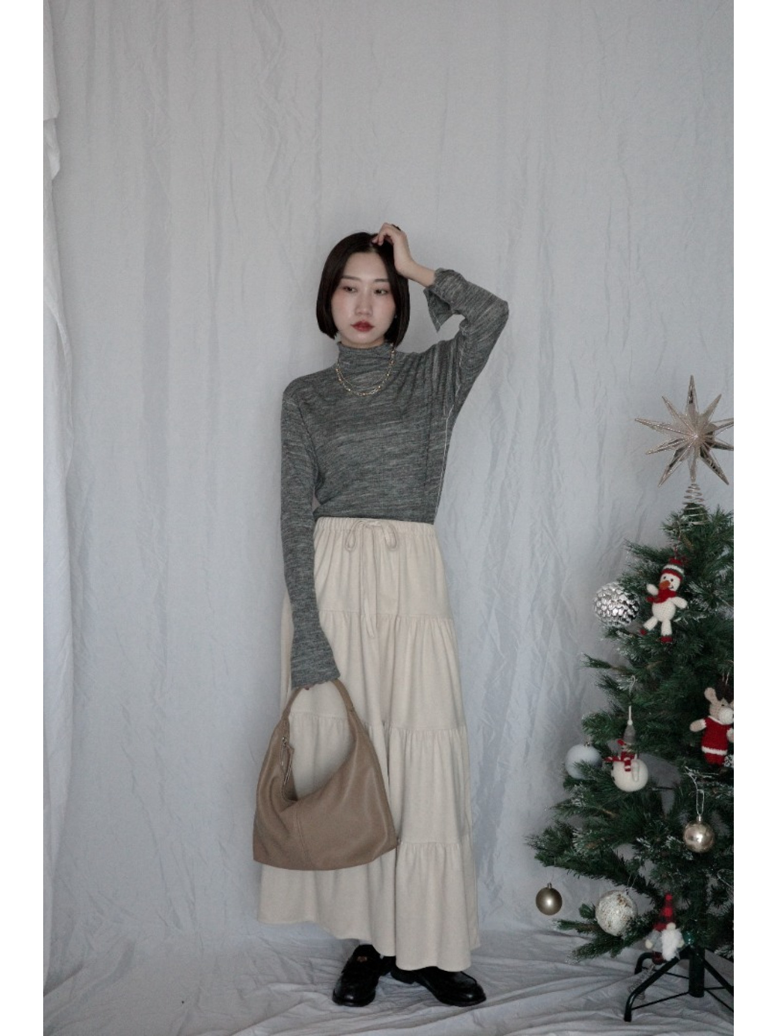 JP｜袖口開衩羅紋針織衫/椒鹽灰