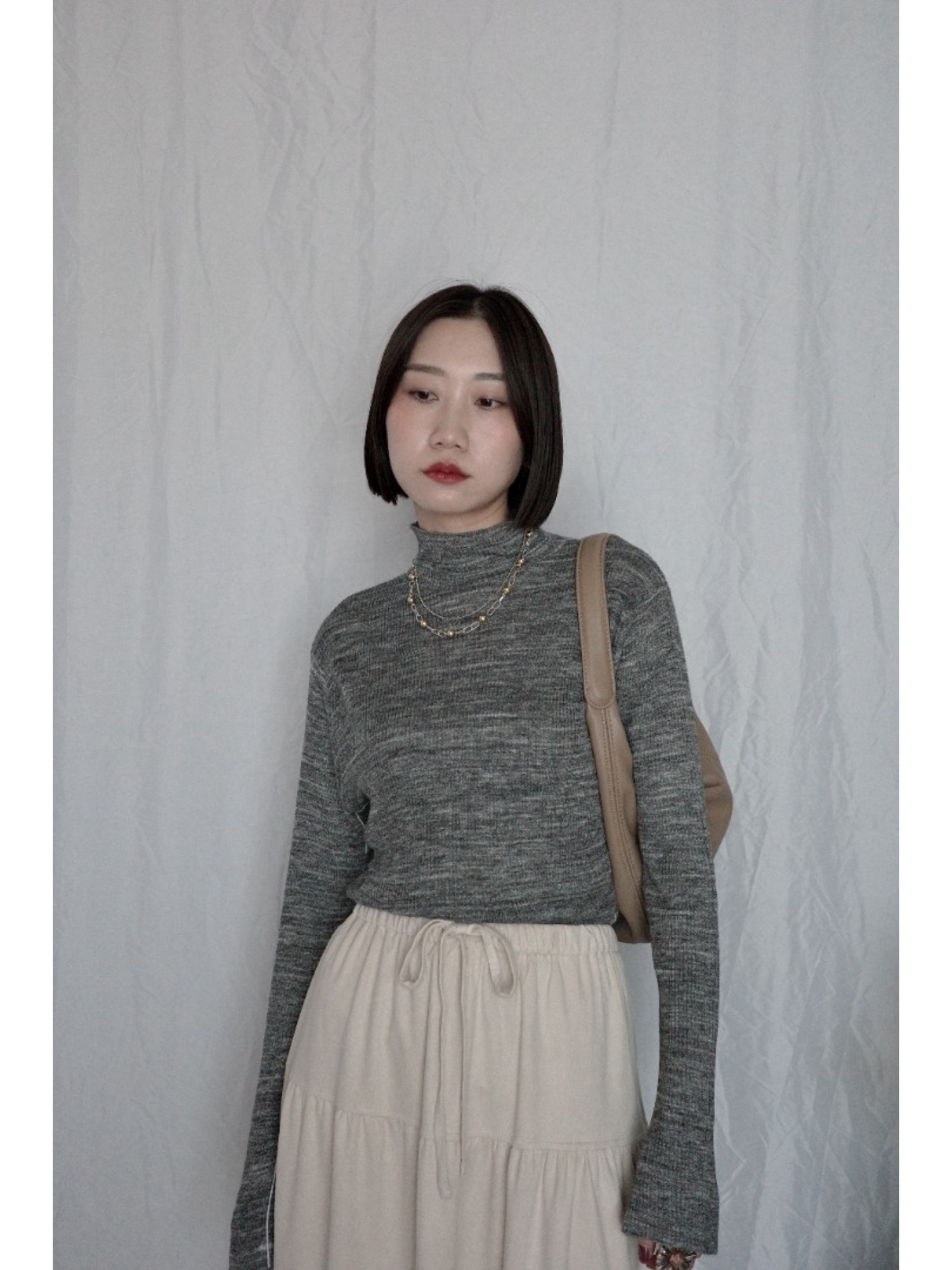 JP｜袖口開衩羅紋針織衫/椒鹽灰