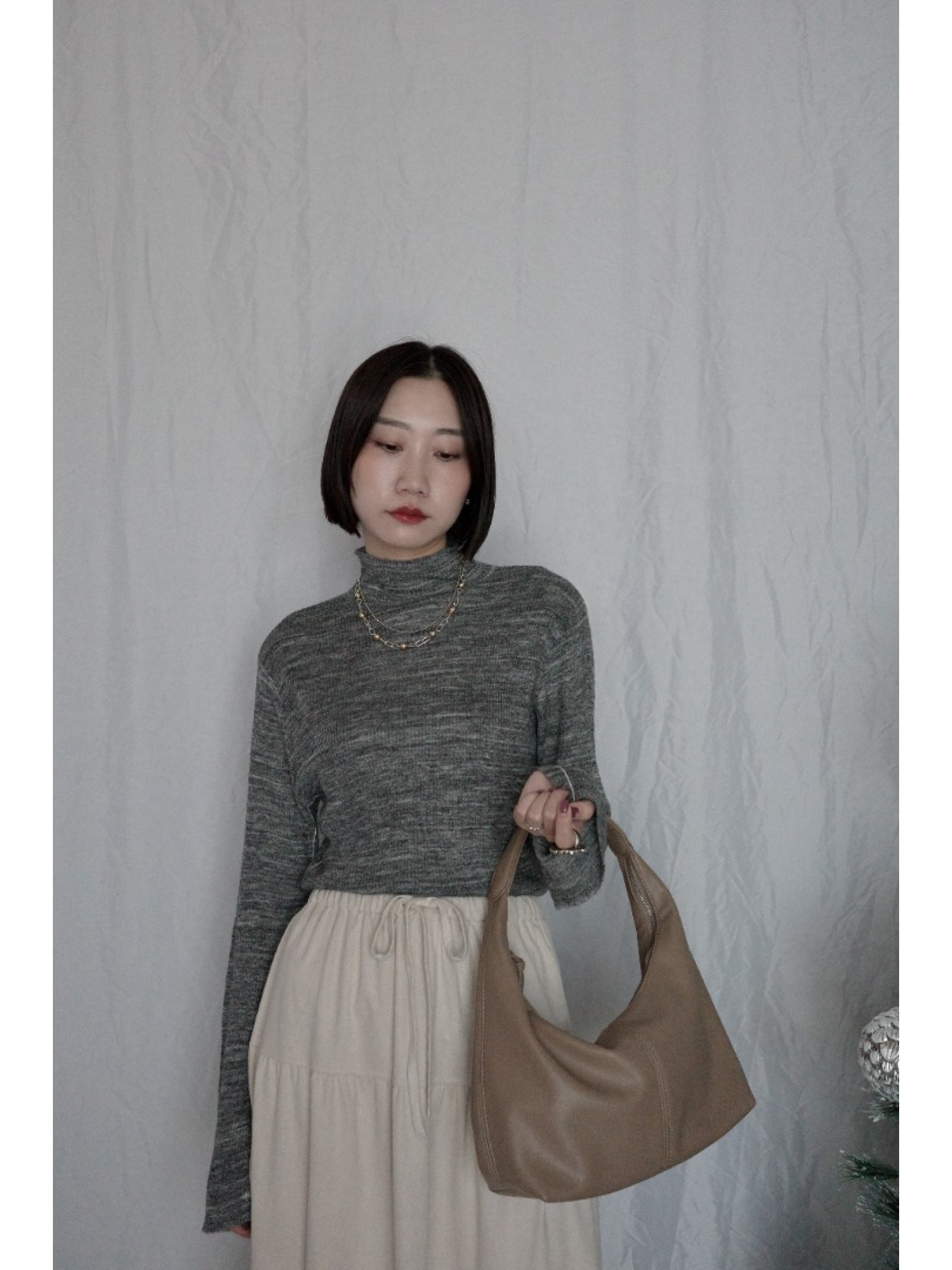 JP｜袖口開衩羅紋針織衫/椒鹽灰