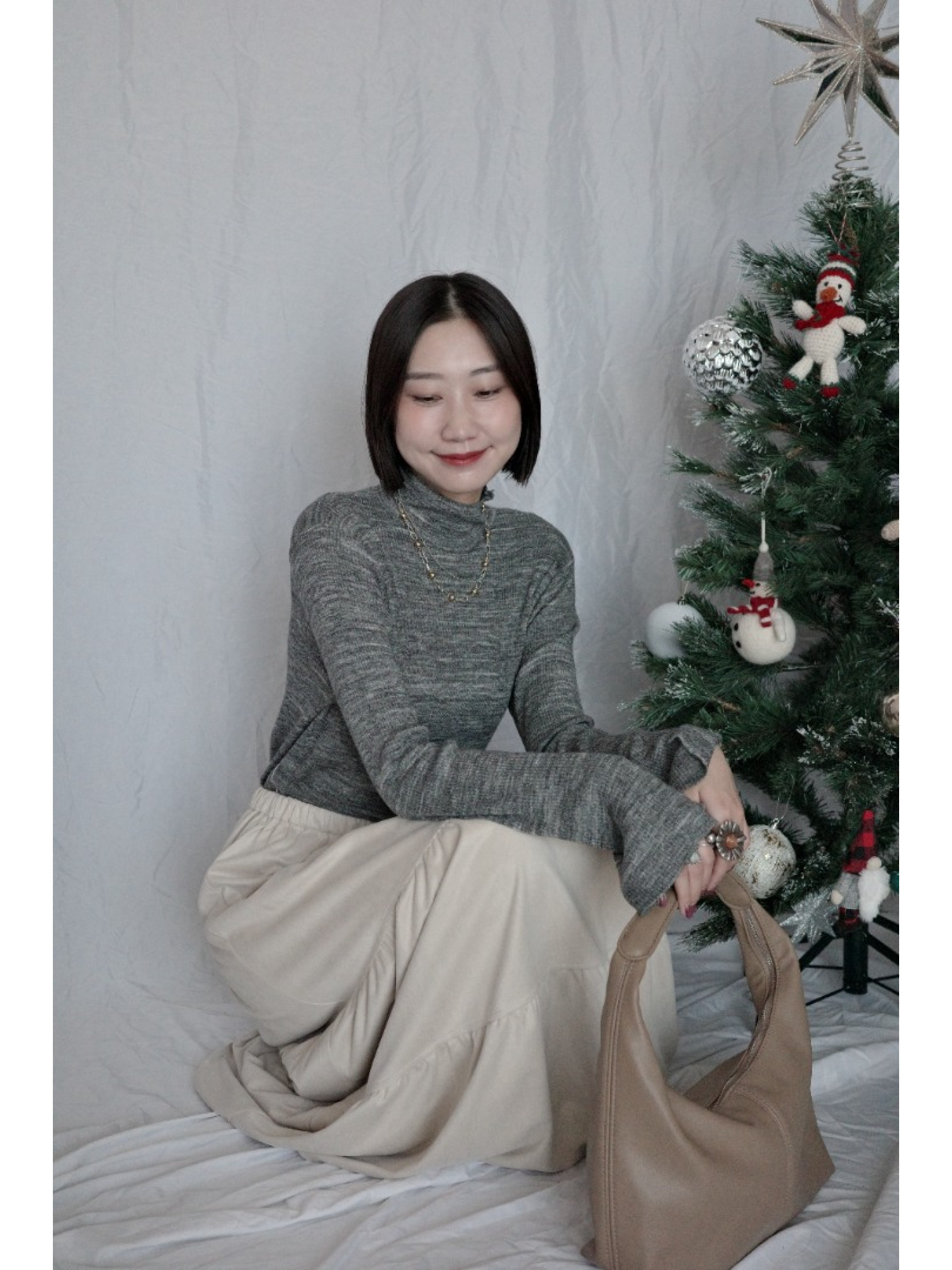 JP｜袖口開衩羅紋針織衫/椒鹽灰