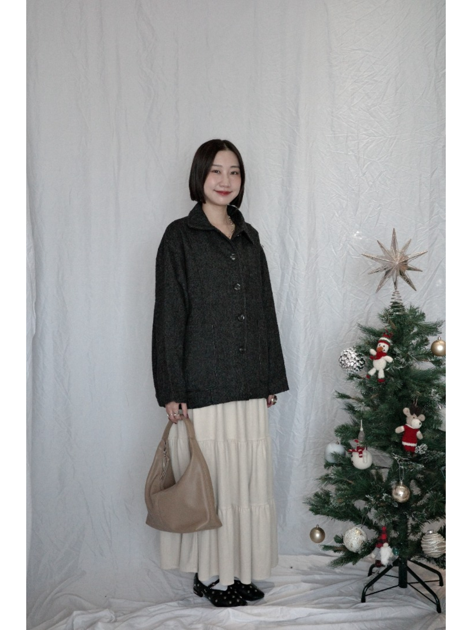 JP｜英倫風斜紋軟呢外套/炭灰