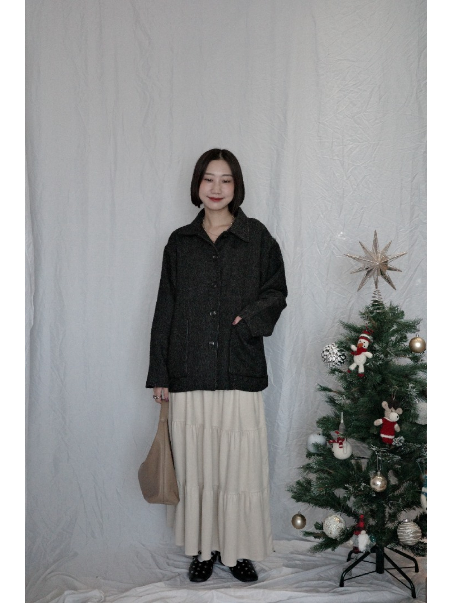 JP｜英倫風斜紋軟呢外套/炭灰