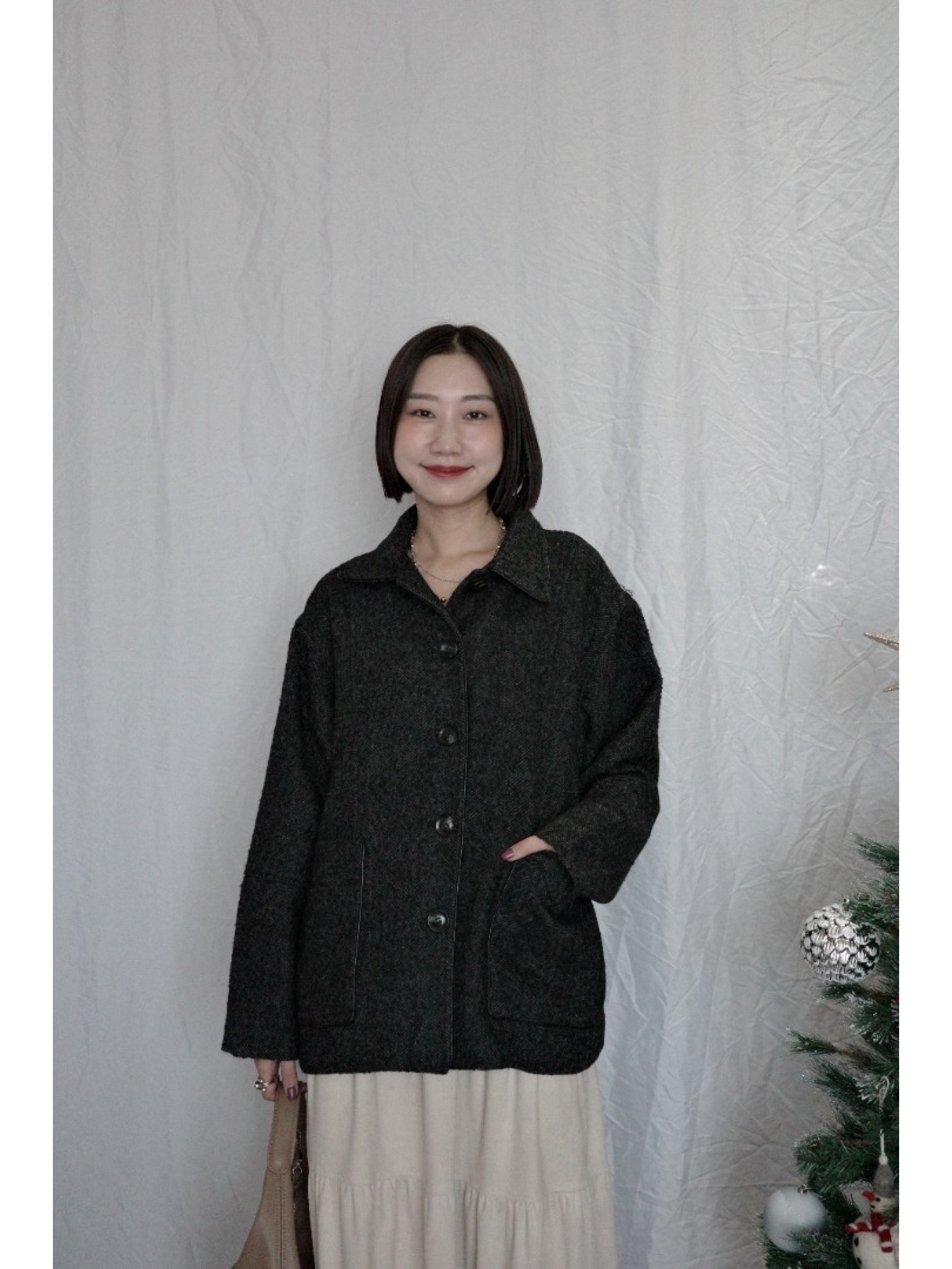 JP｜英倫風斜紋軟呢外套/炭灰