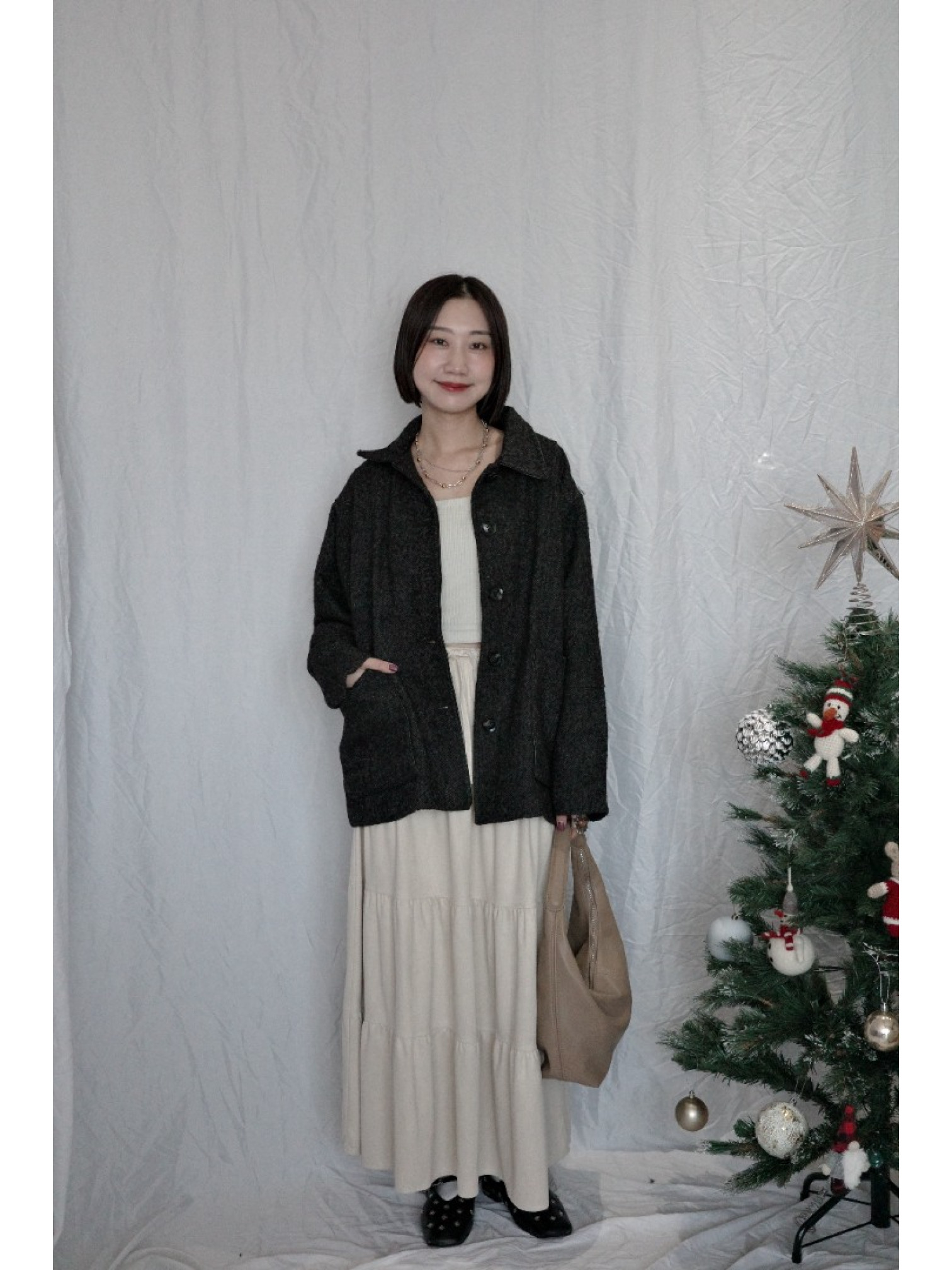 JP｜英倫風斜紋軟呢外套/炭灰