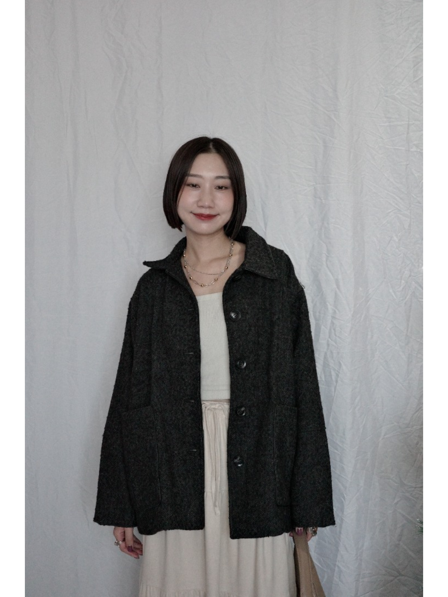 JP｜英倫風斜紋軟呢外套/炭灰