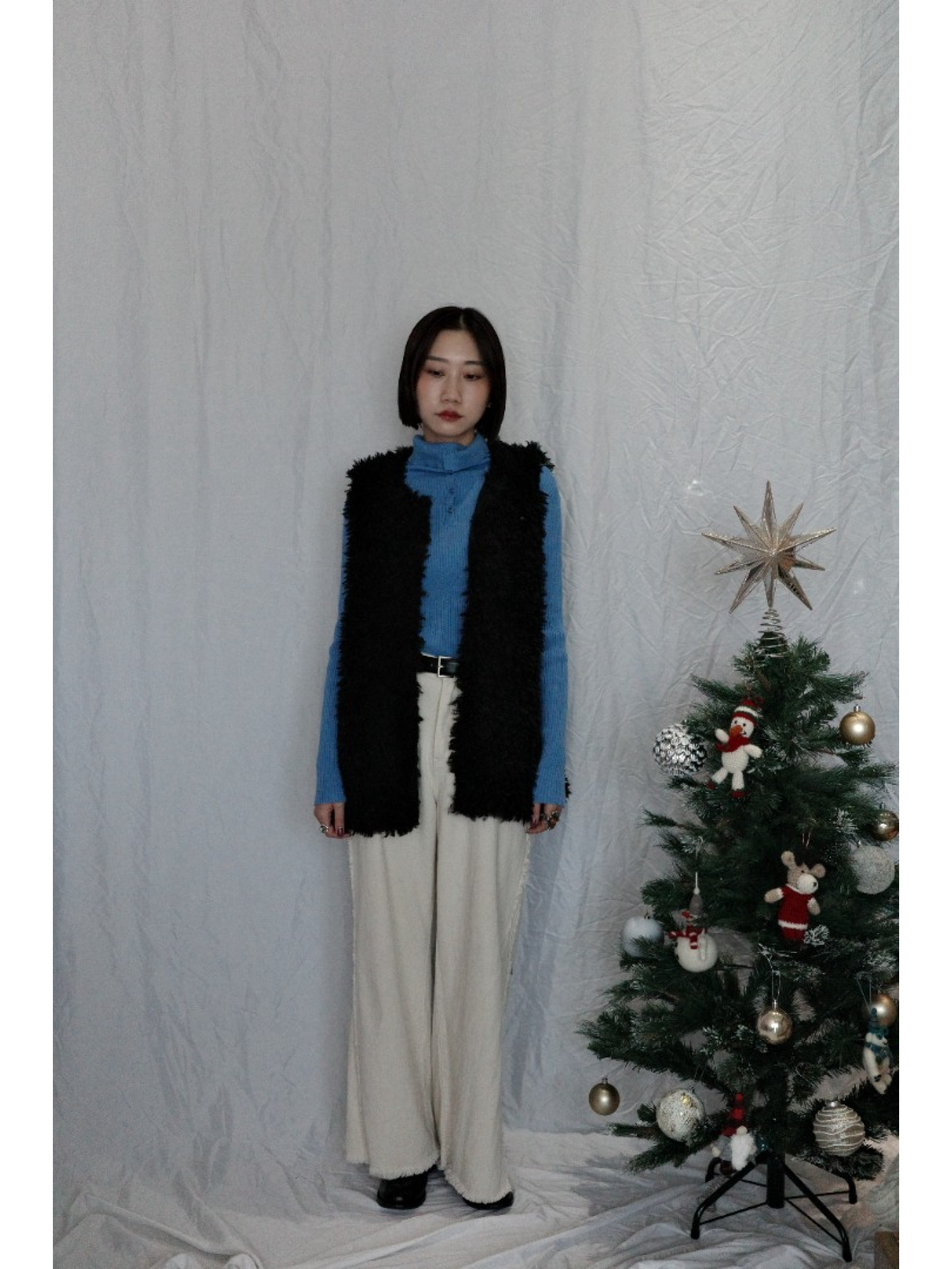 JP｜TWO WAY排扣羅紋針織上衣/藍