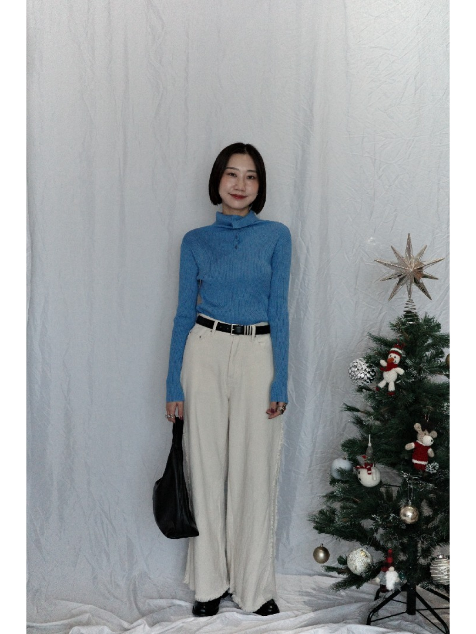 JP｜TWO WAY排扣羅紋針織上衣/藍