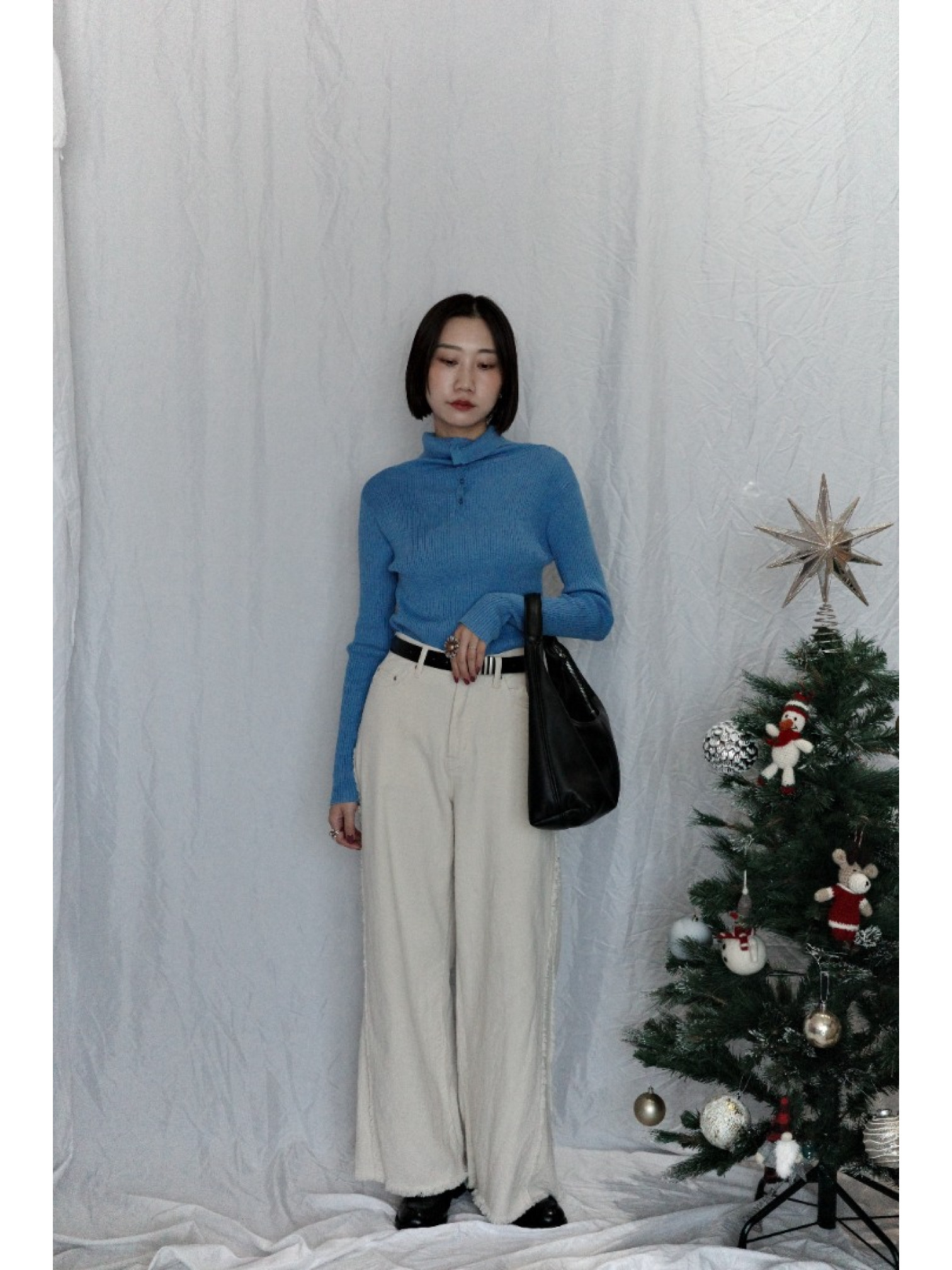 JP｜TWO WAY排扣羅紋針織上衣/藍