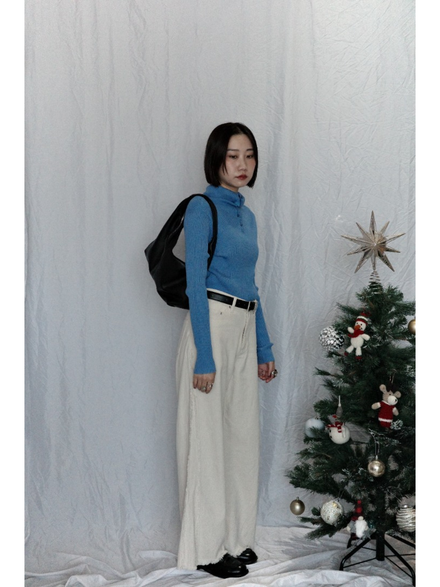 JP｜TWO WAY排扣羅紋針織上衣/藍