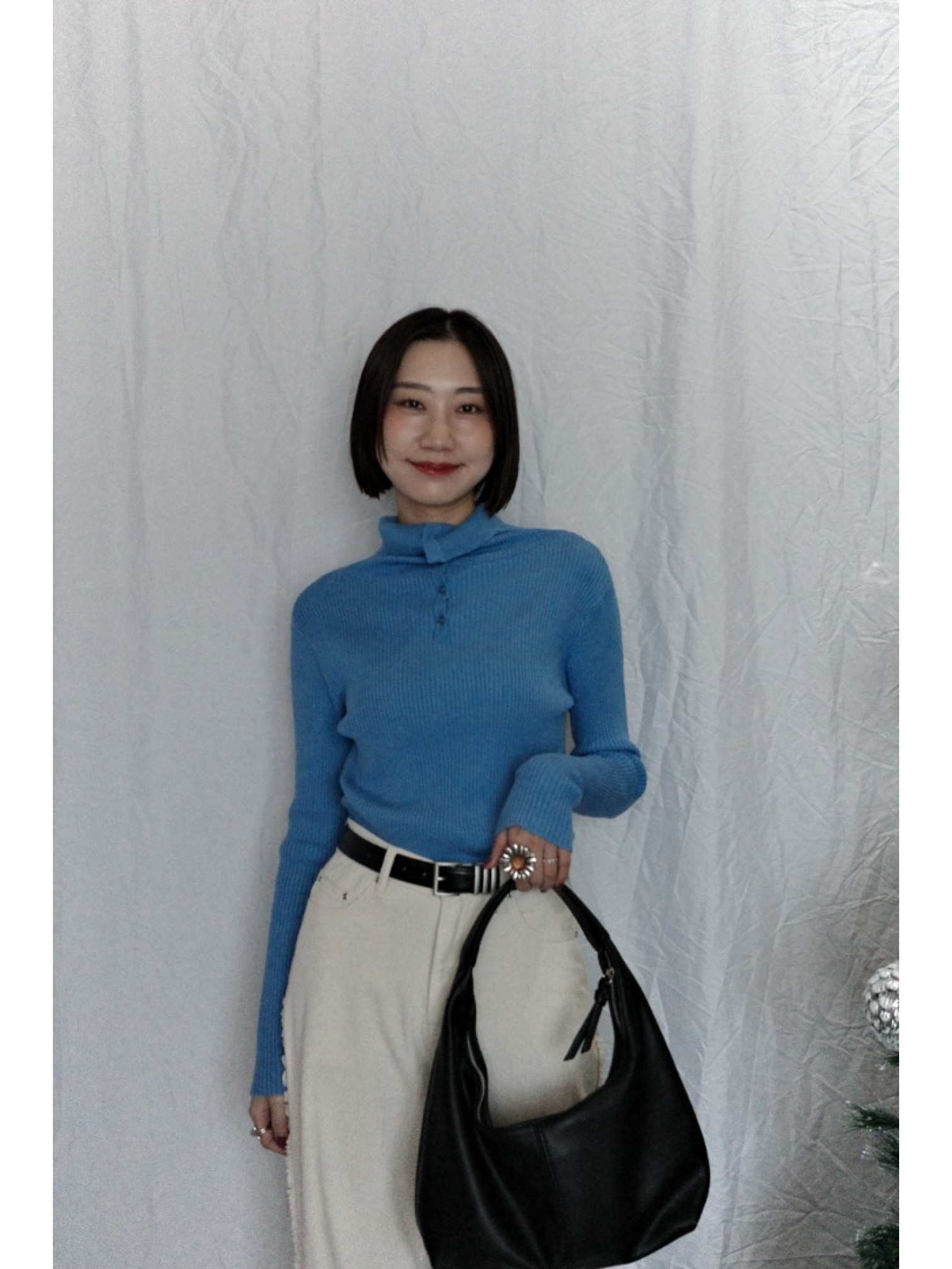 JP｜TWO WAY排扣羅紋針織上衣/藍