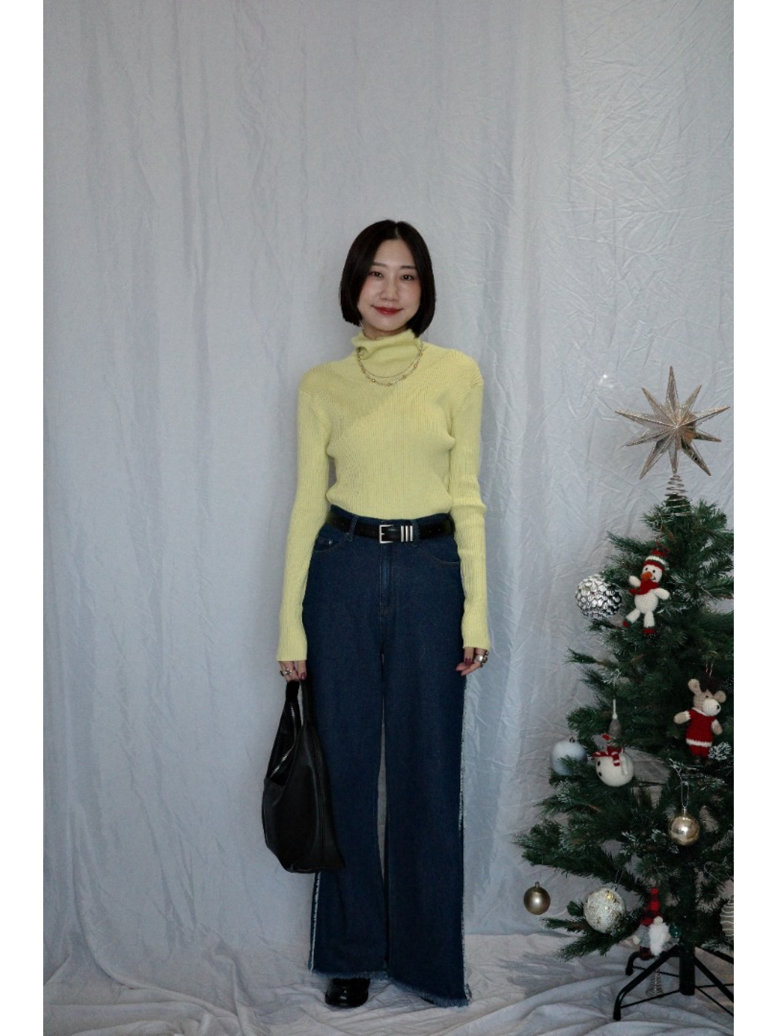 JP｜TWO WAY排扣羅紋針織上衣/黃