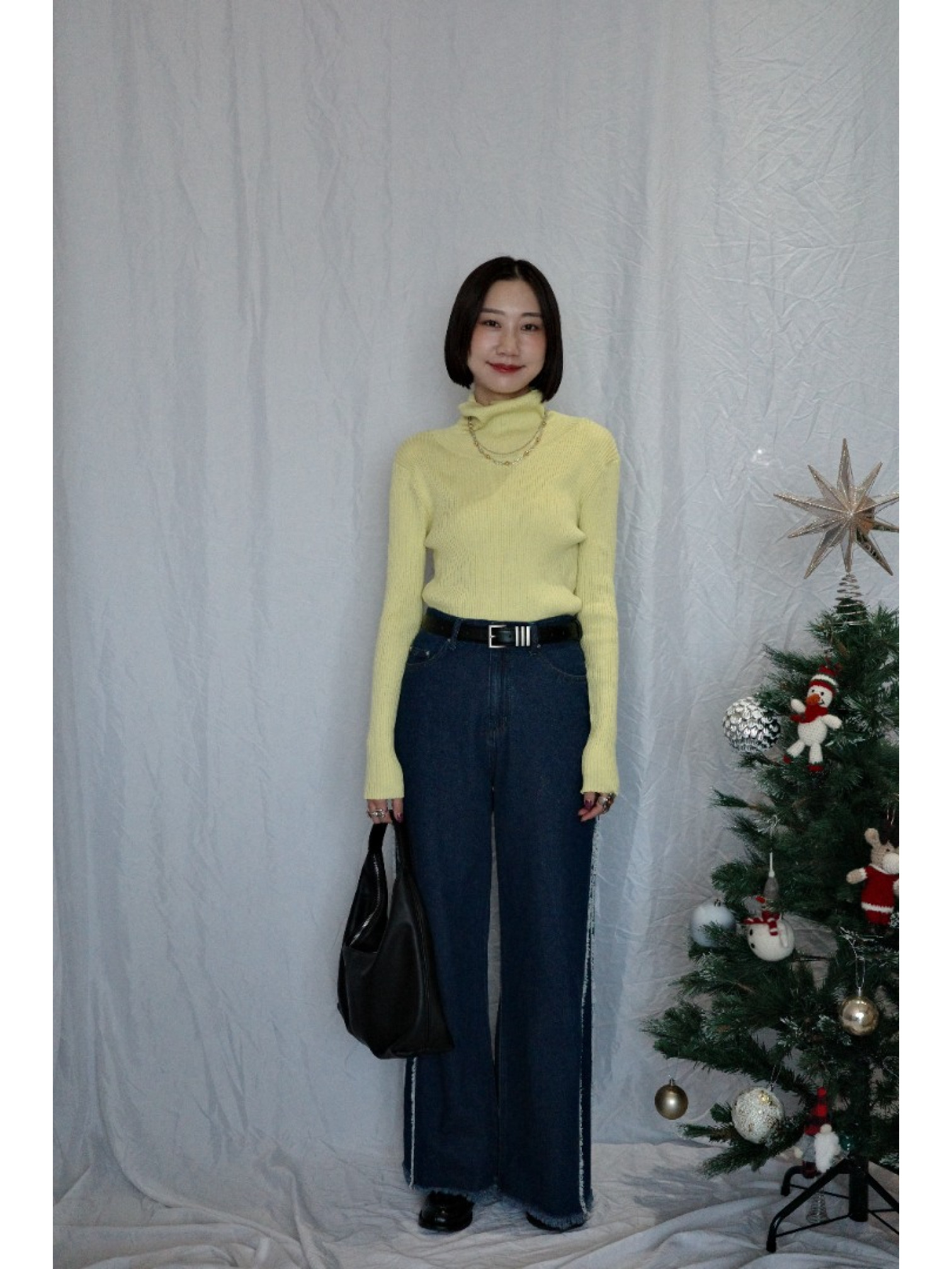 JP｜TWO WAY排扣羅紋針織上衣/黃