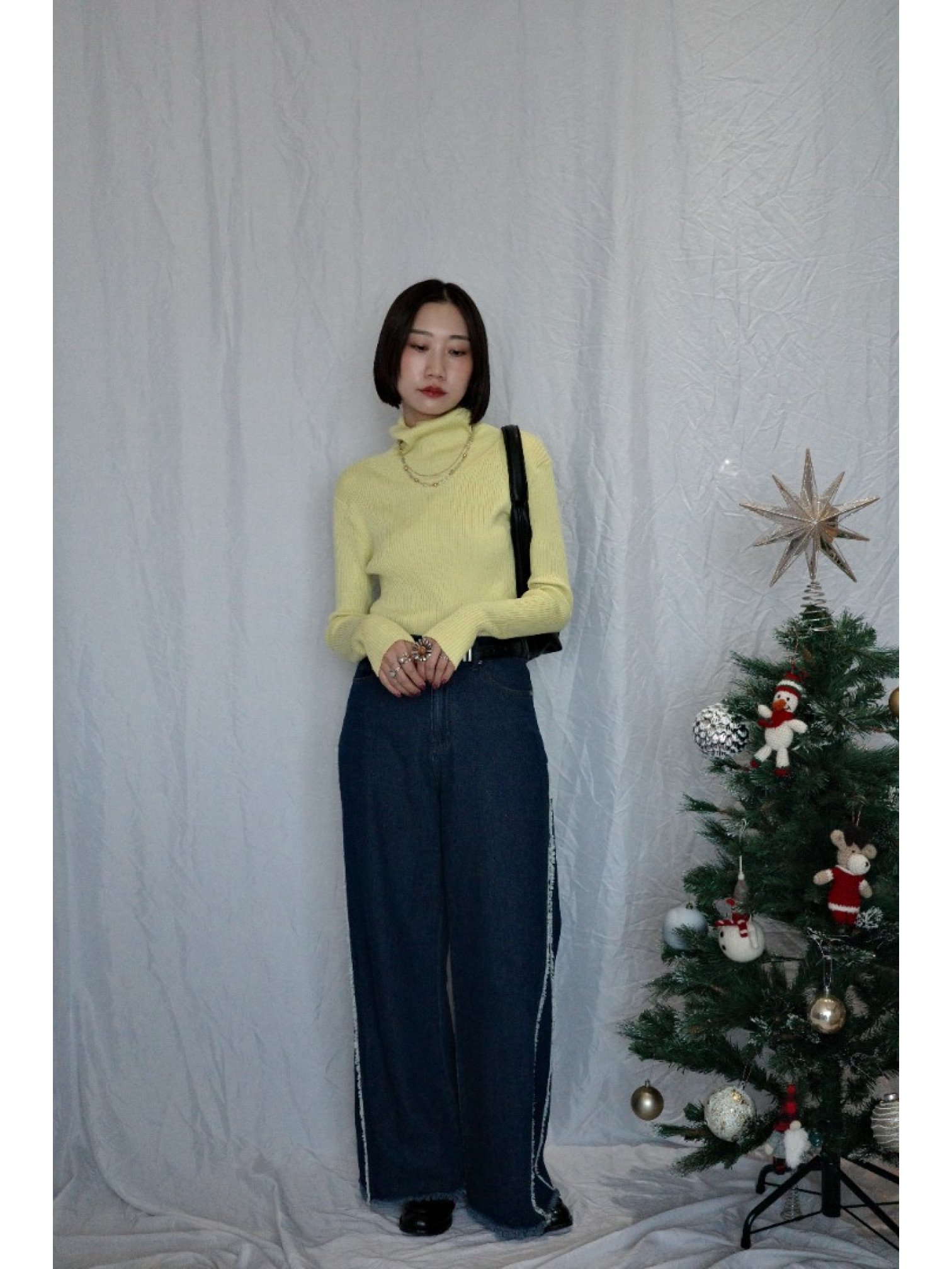 JP｜TWO WAY排扣羅紋針織上衣/黃