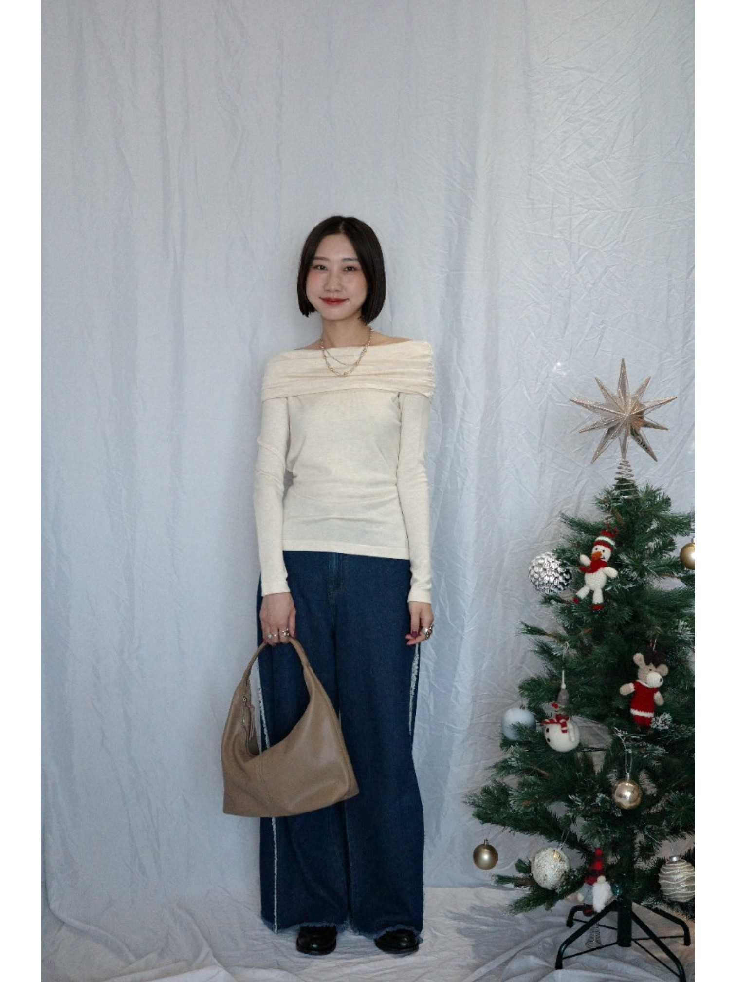 JP｜氣質露肩收腰上衣/杏