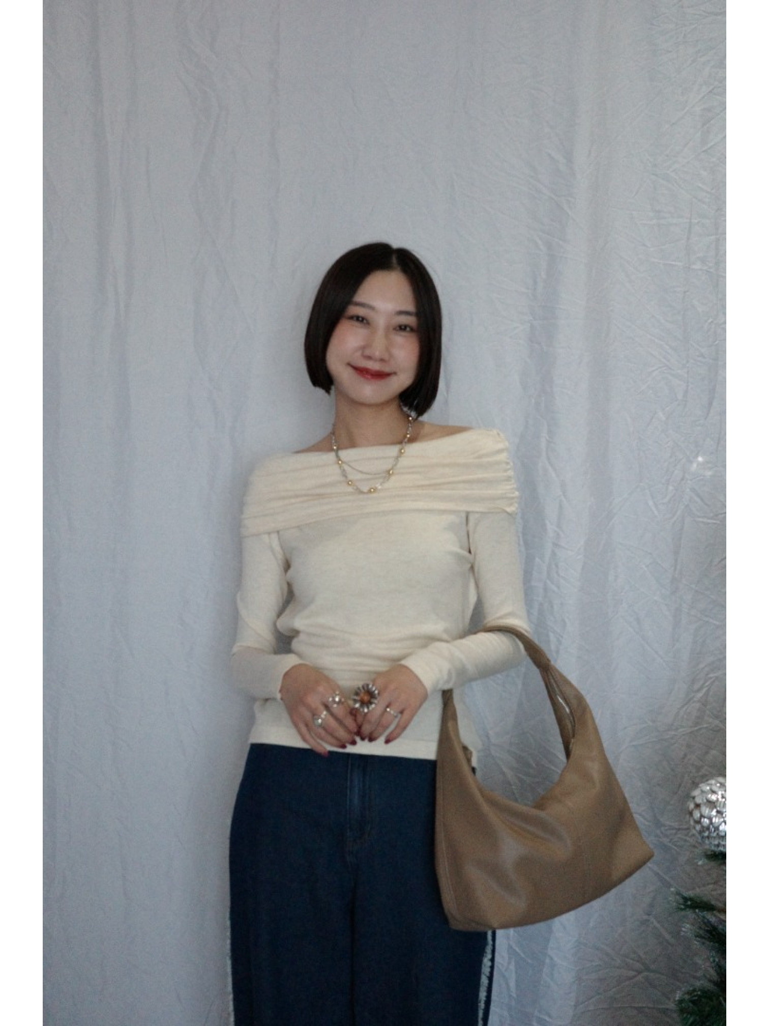 JP｜氣質露肩收腰上衣/杏