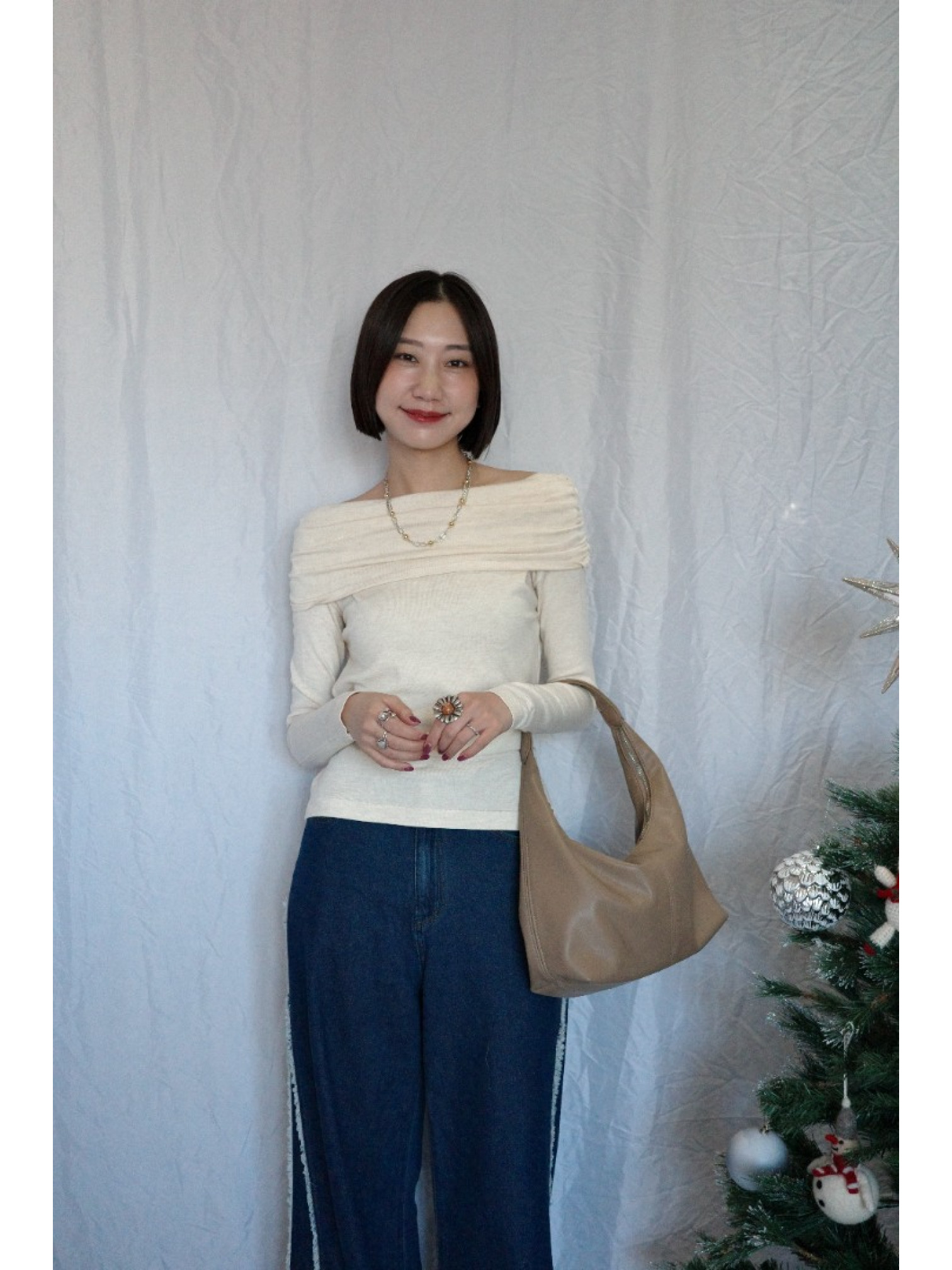 JP｜氣質露肩收腰上衣/杏