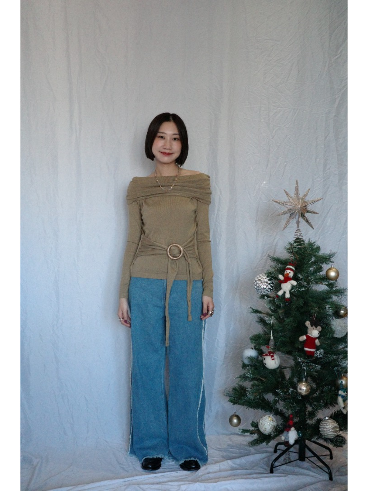 JP｜氣質露肩收腰上衣/咖