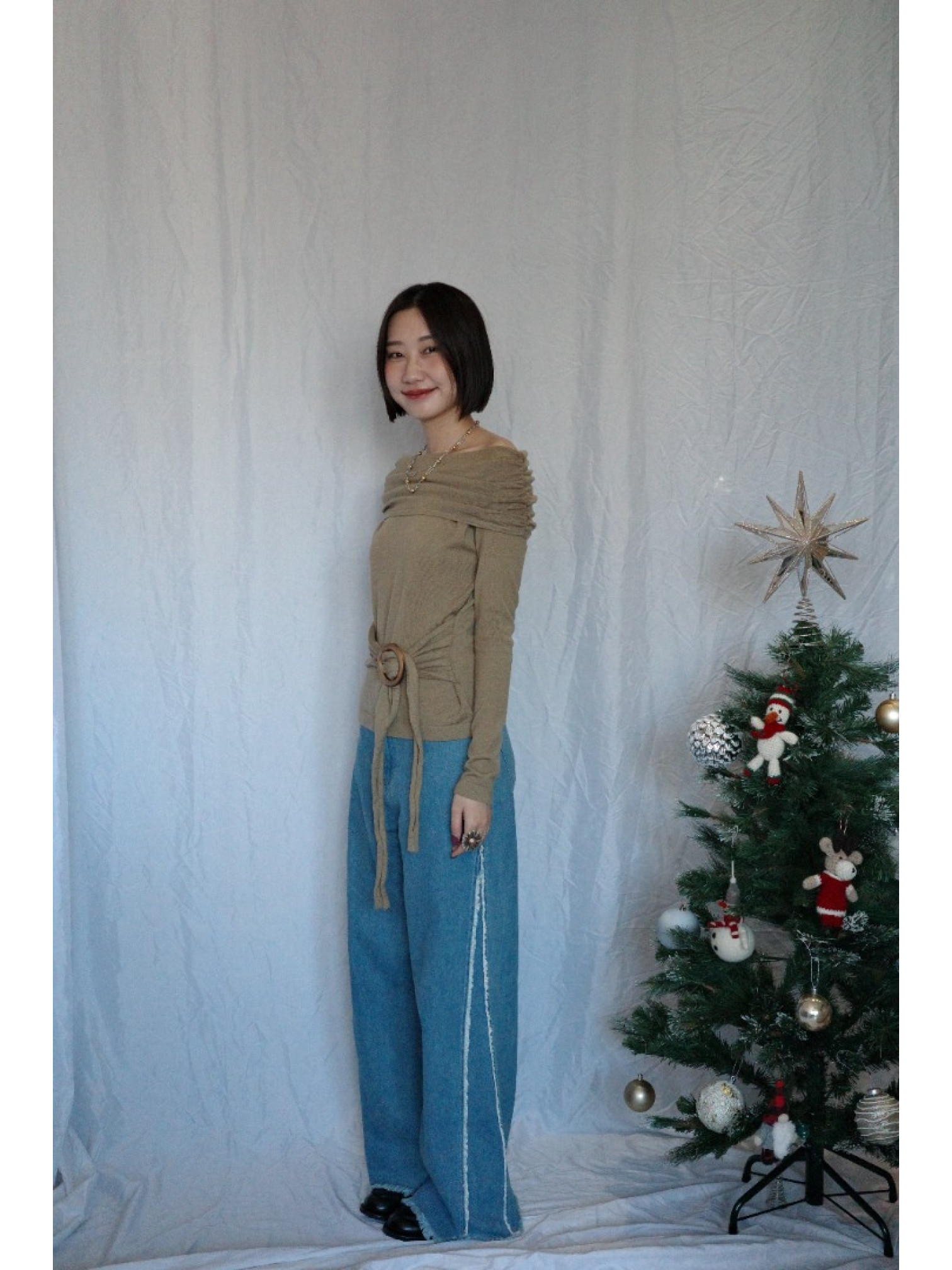 JP｜氣質露肩收腰上衣/咖