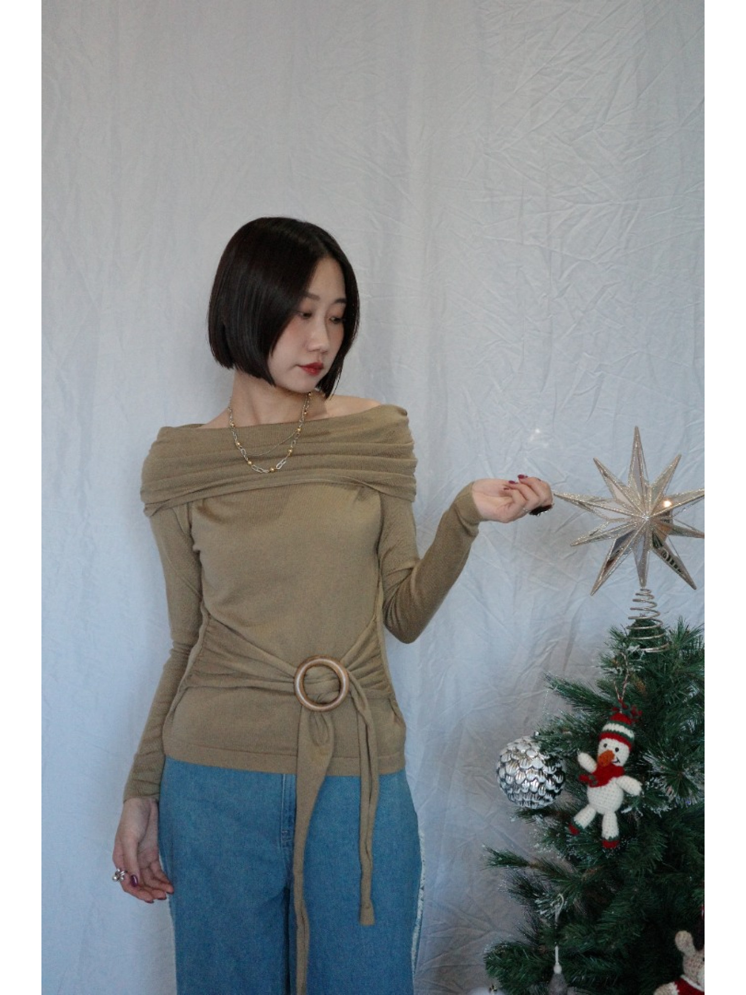 JP｜氣質露肩收腰上衣/咖