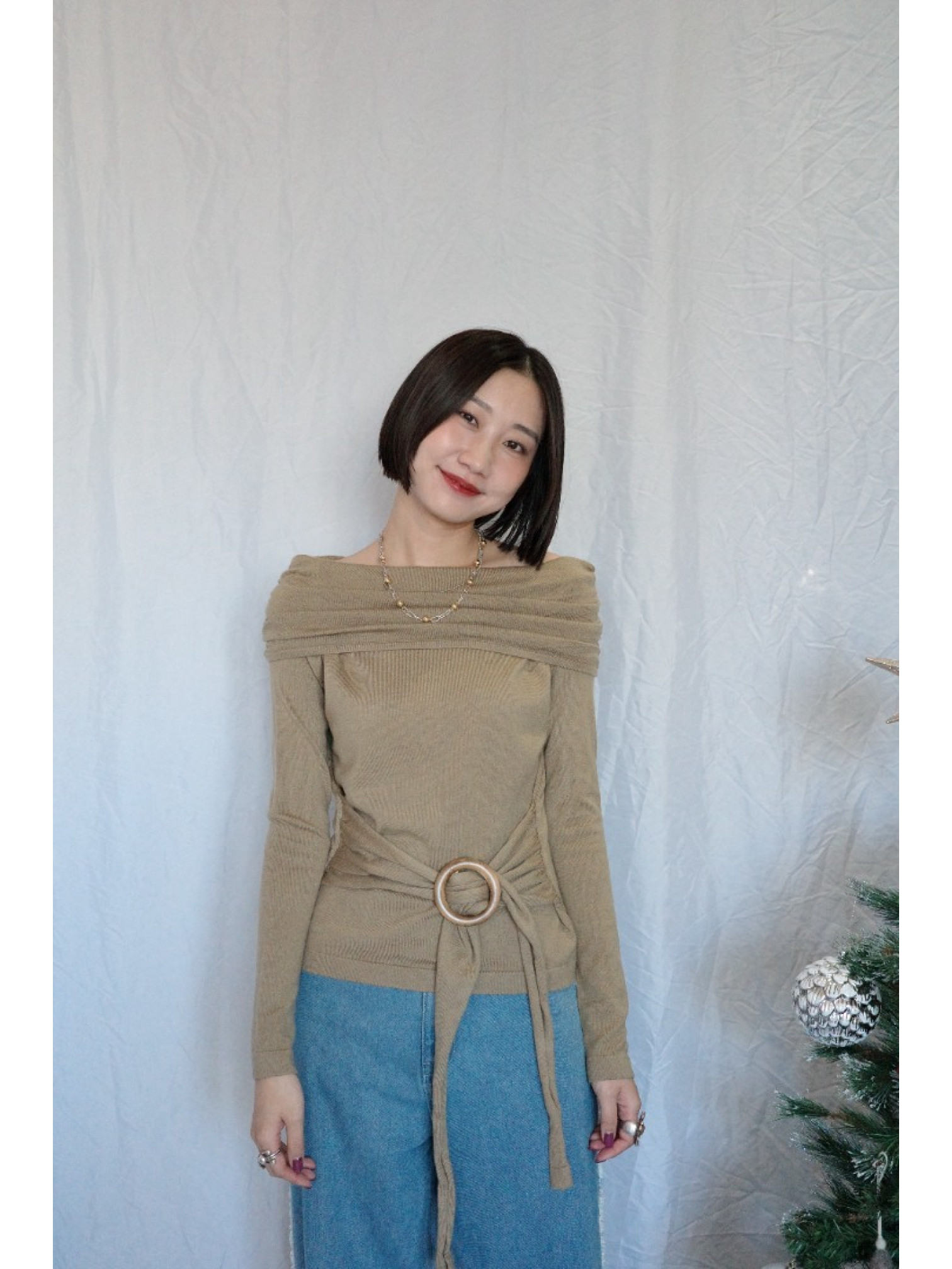 JP｜氣質露肩收腰上衣/咖