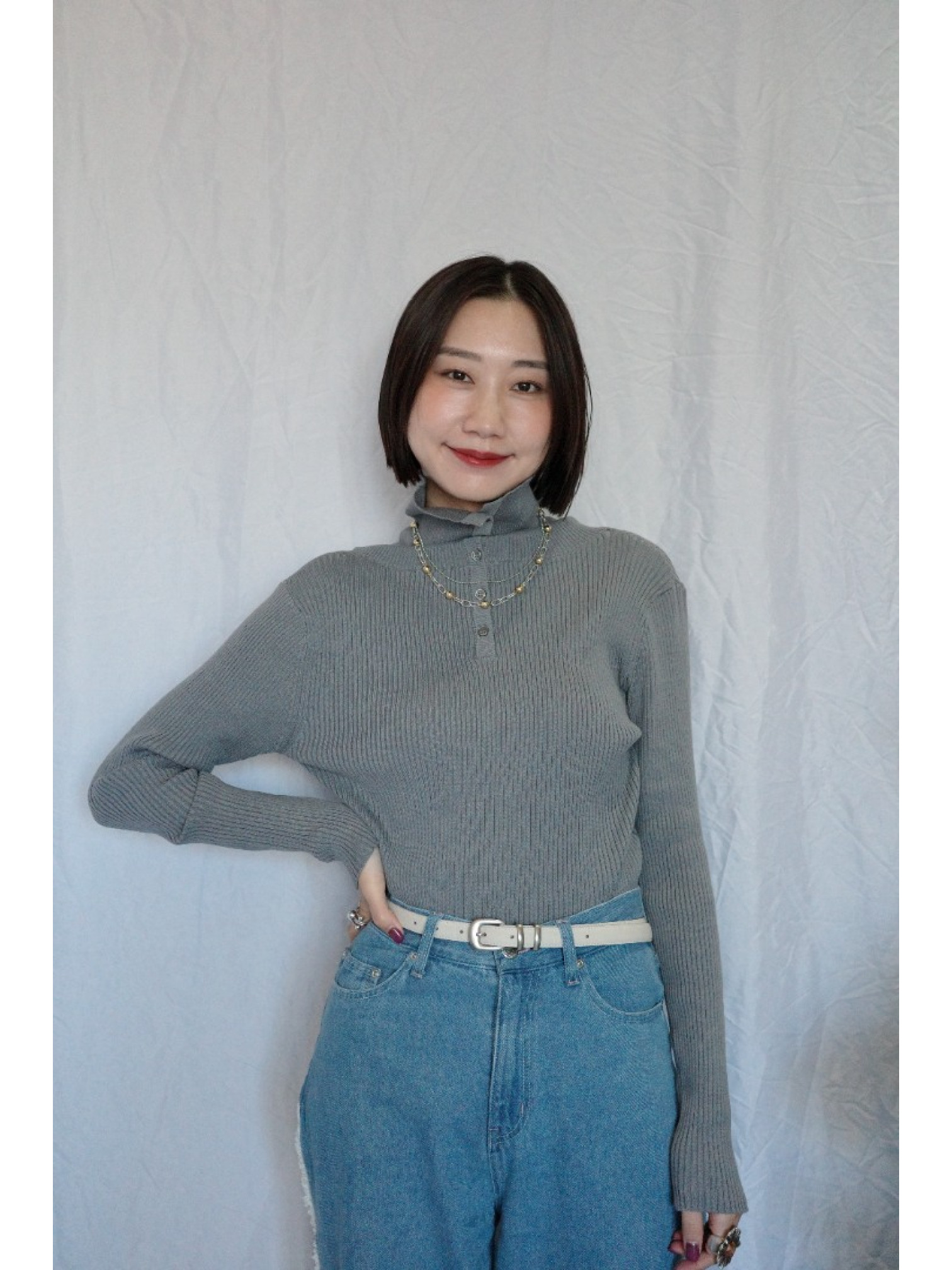 JP｜TWO WAY排扣羅紋針織上衣/灰