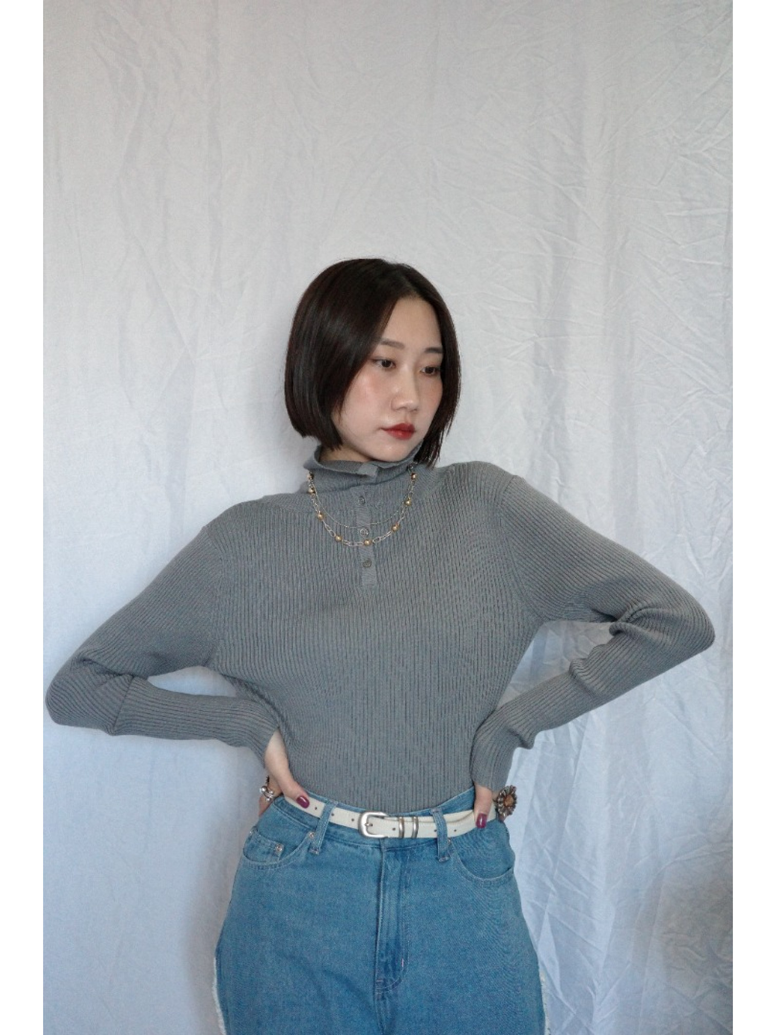 JP｜TWO WAY排扣羅紋針織上衣/灰