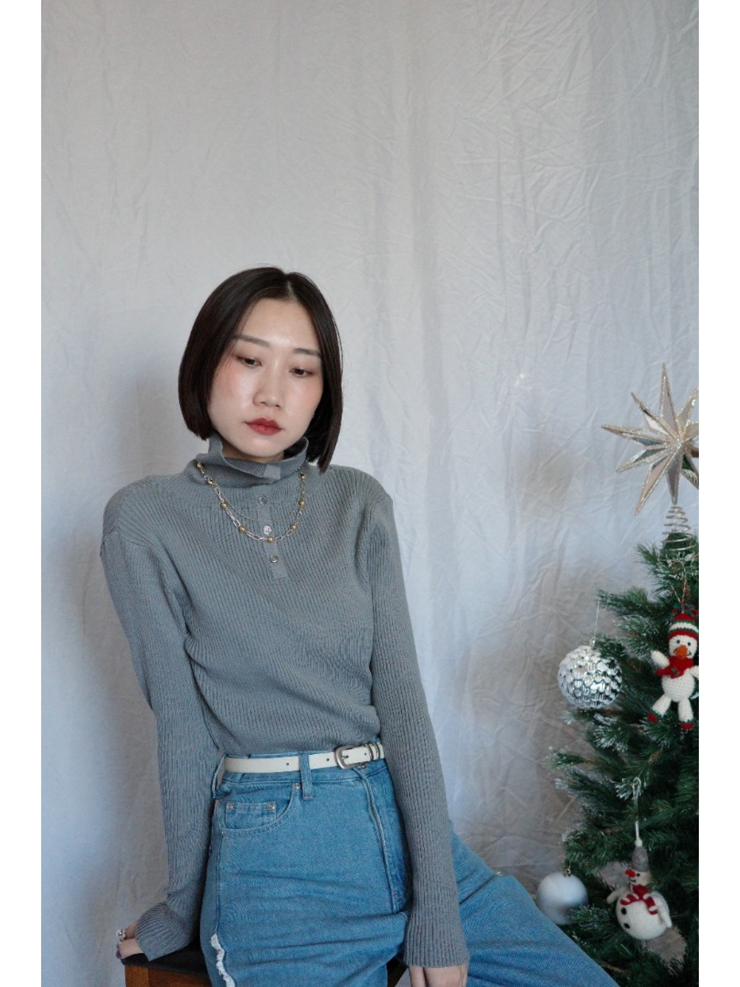 JP｜TWO WAY排扣羅紋針織上衣/灰