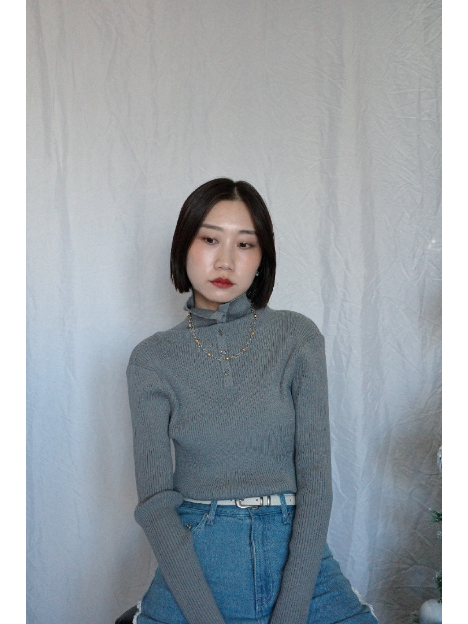 JP｜TWO WAY排扣羅紋針織上衣/灰