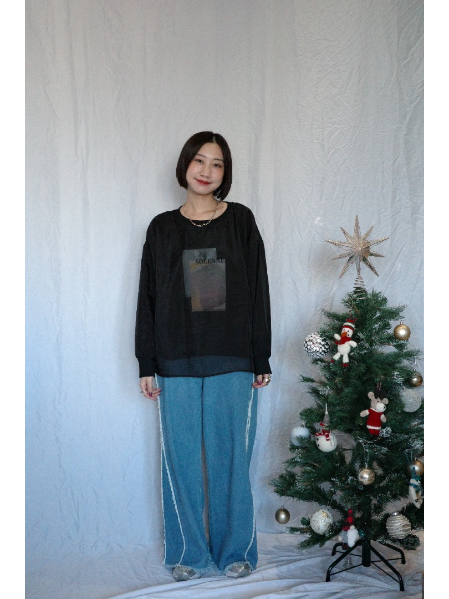 JP｜3WAY透視多層次印花大學T/黑