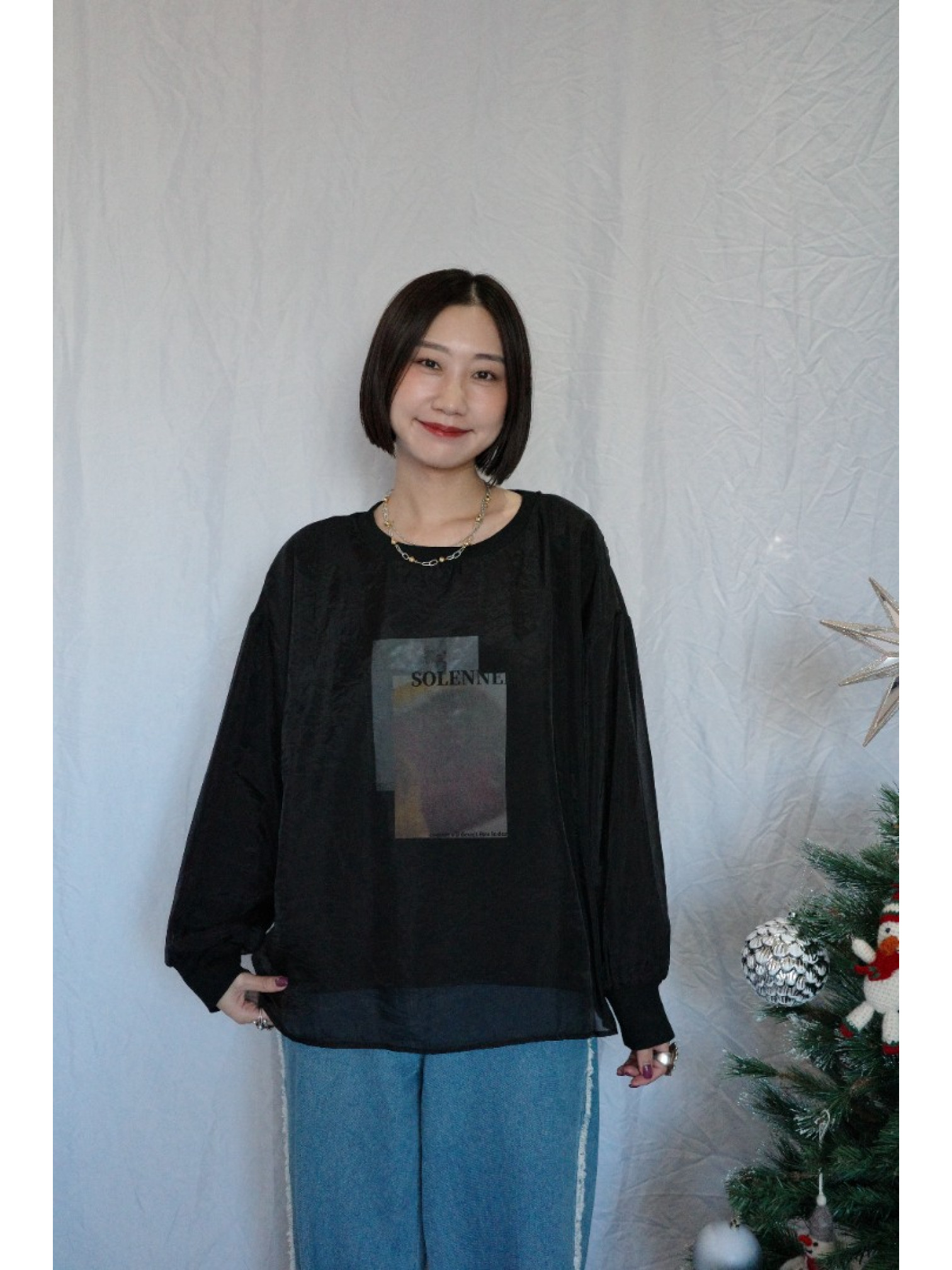 JP｜3WAY透視多層次印花大學T/黑