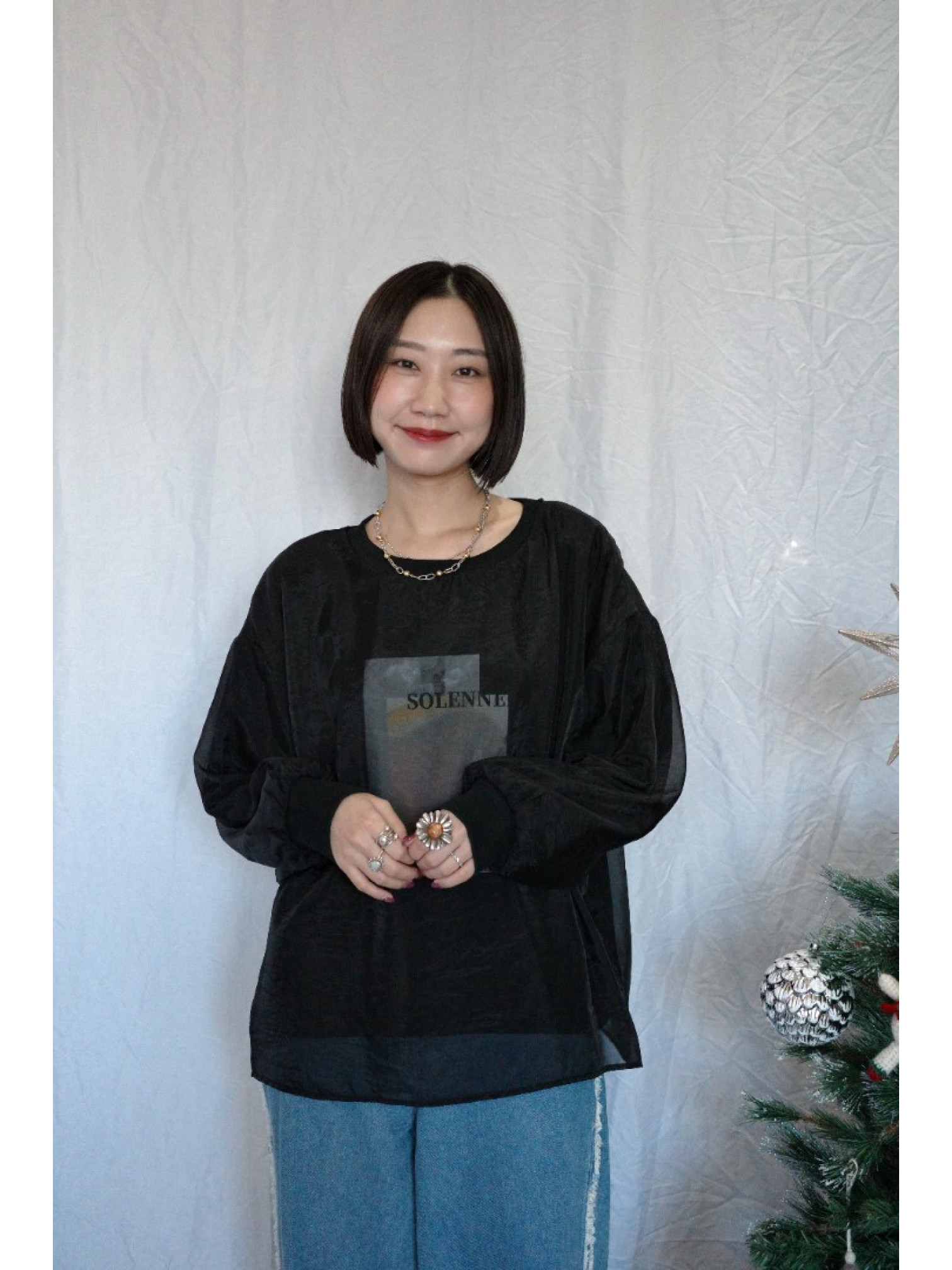 JP｜3WAY透視多層次印花大學T/黑