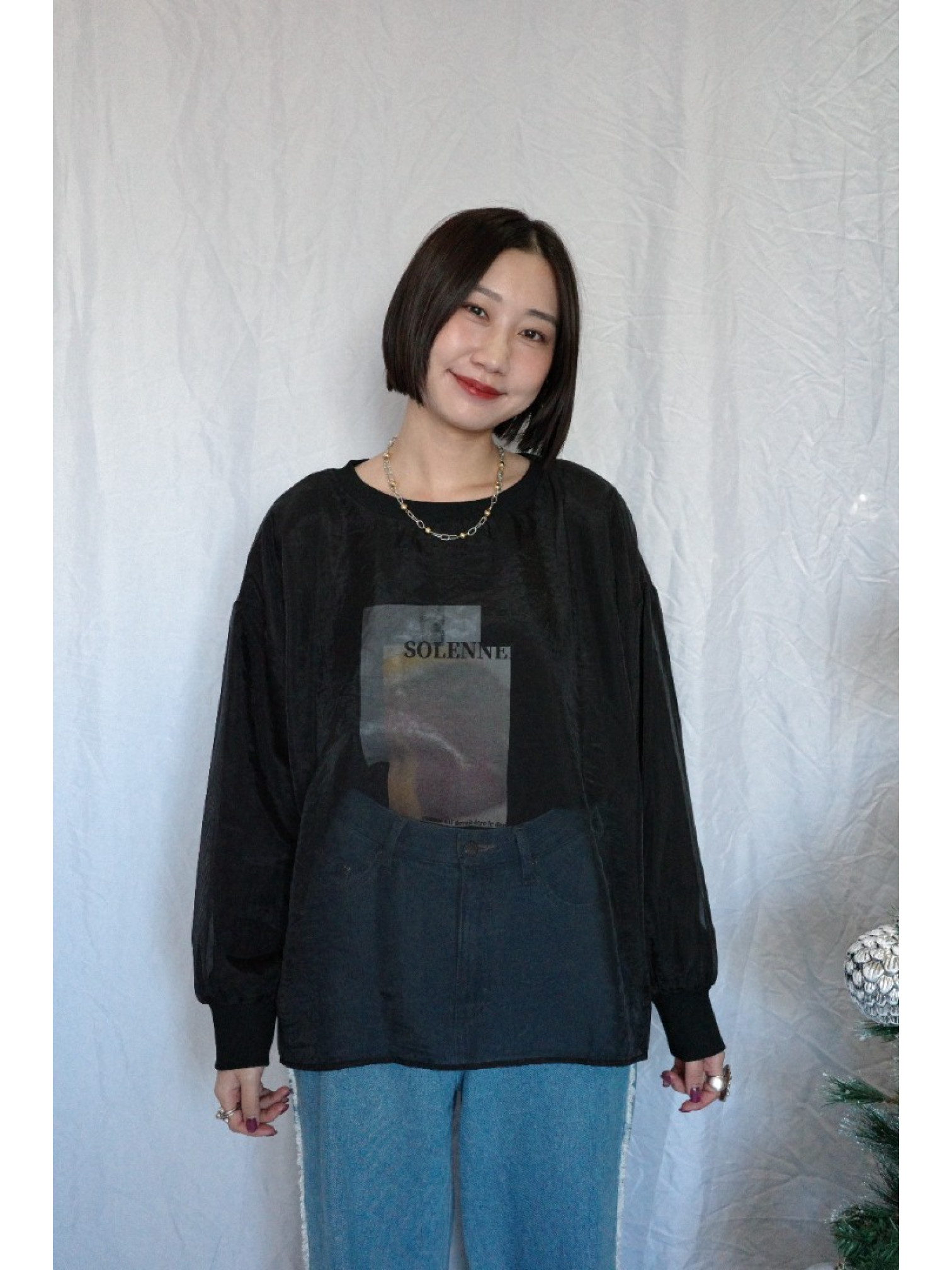 JP｜3WAY透視多層次印花大學T/黑