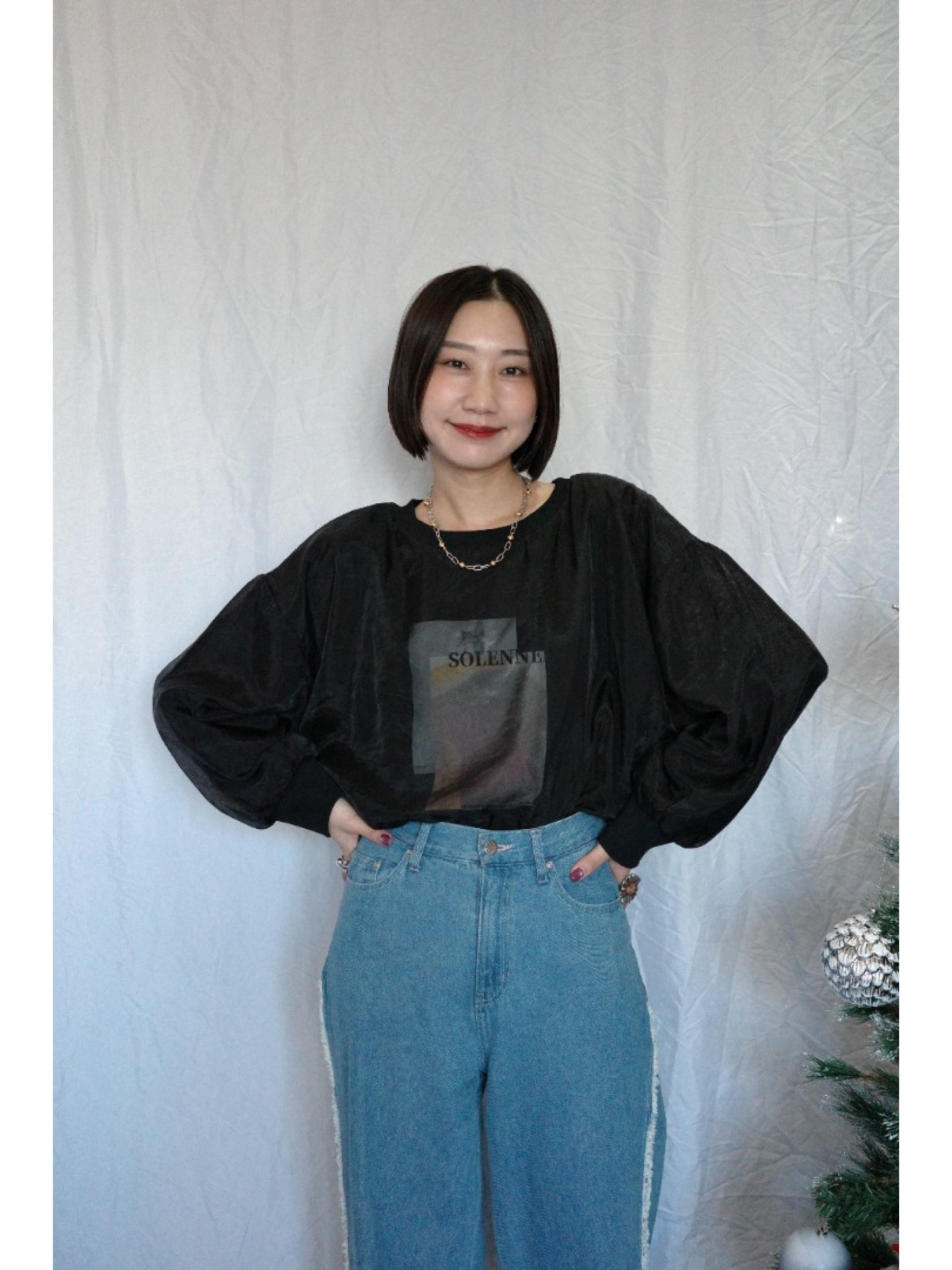 JP｜3WAY透視多層次印花大學T/黑