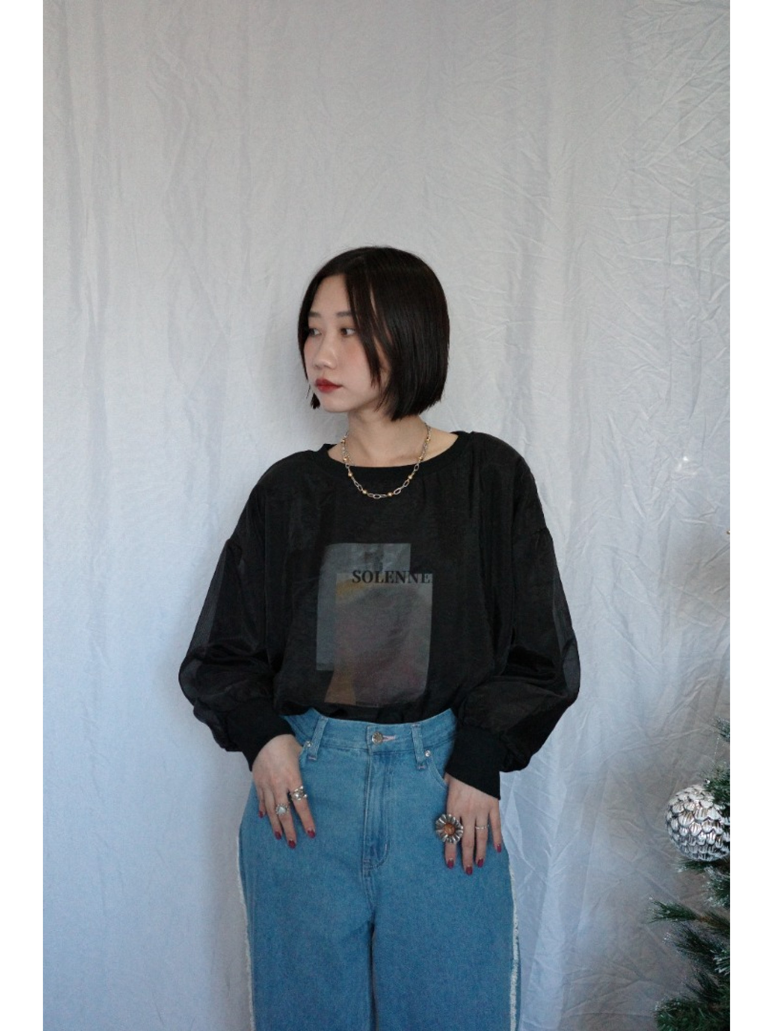 JP｜3WAY透視多層次印花大學T/黑