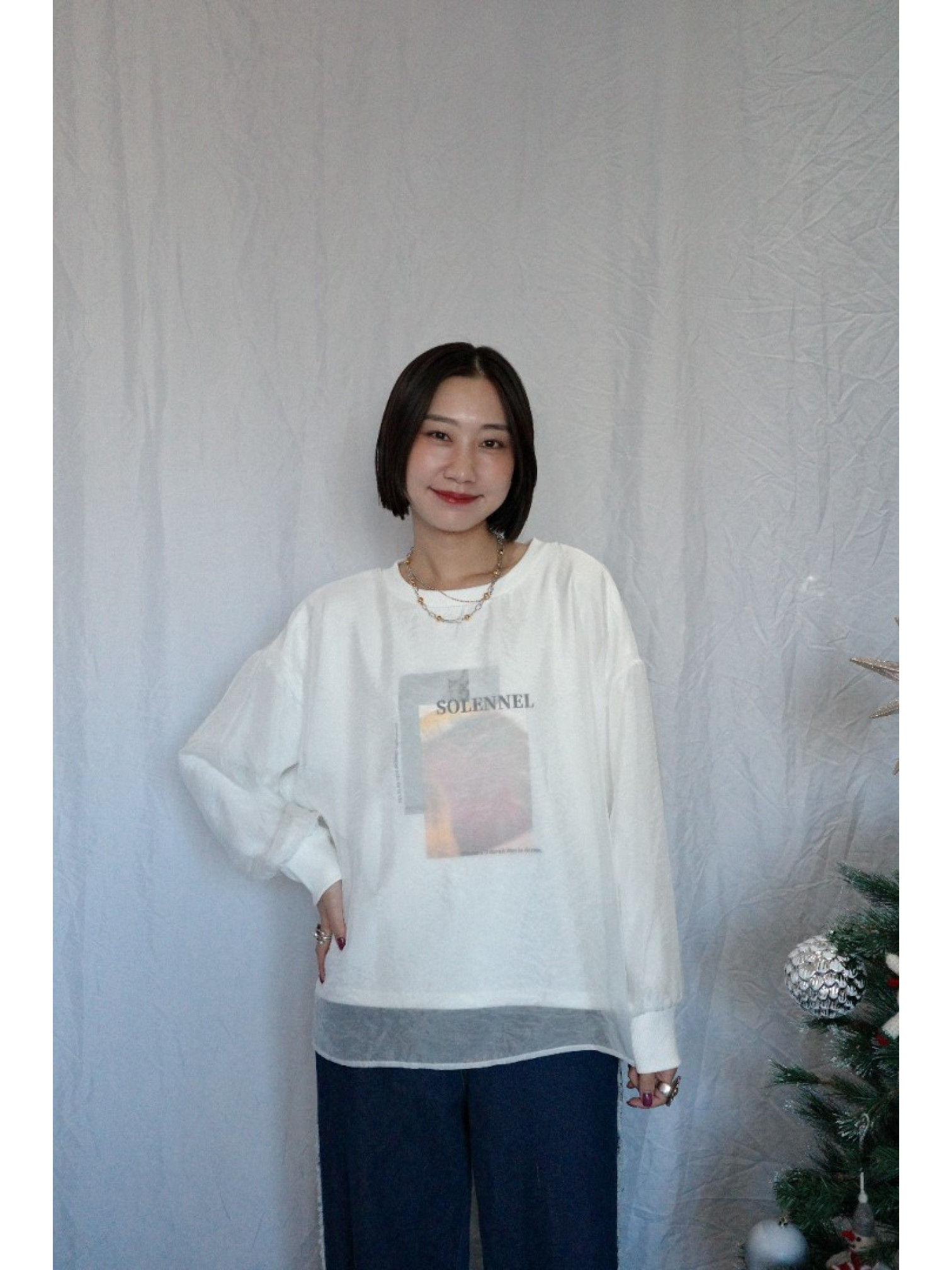 JP｜3WAY透視多層次印花大學T/白