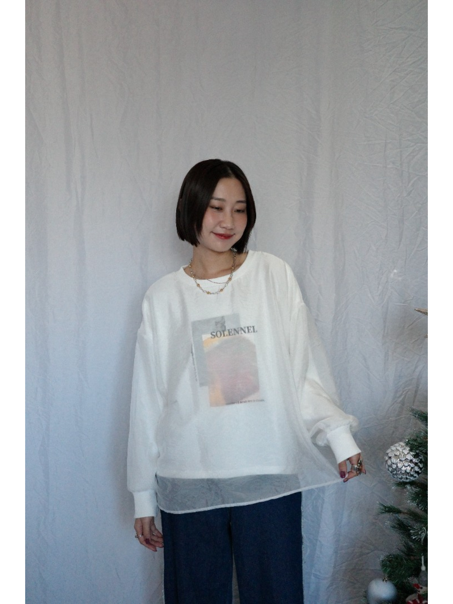 JP｜3WAY透視多層次印花大學T/白