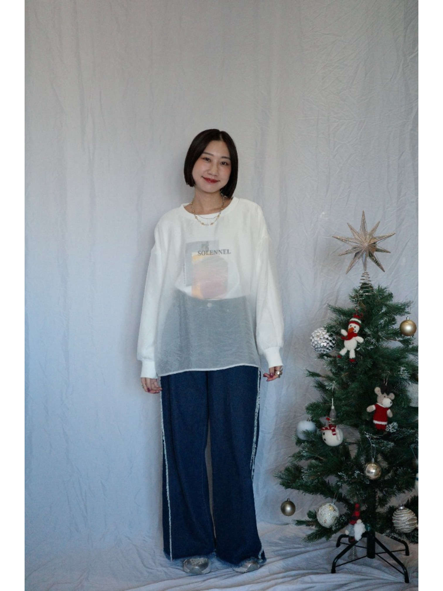 JP｜3WAY透視多層次印花大學T/白