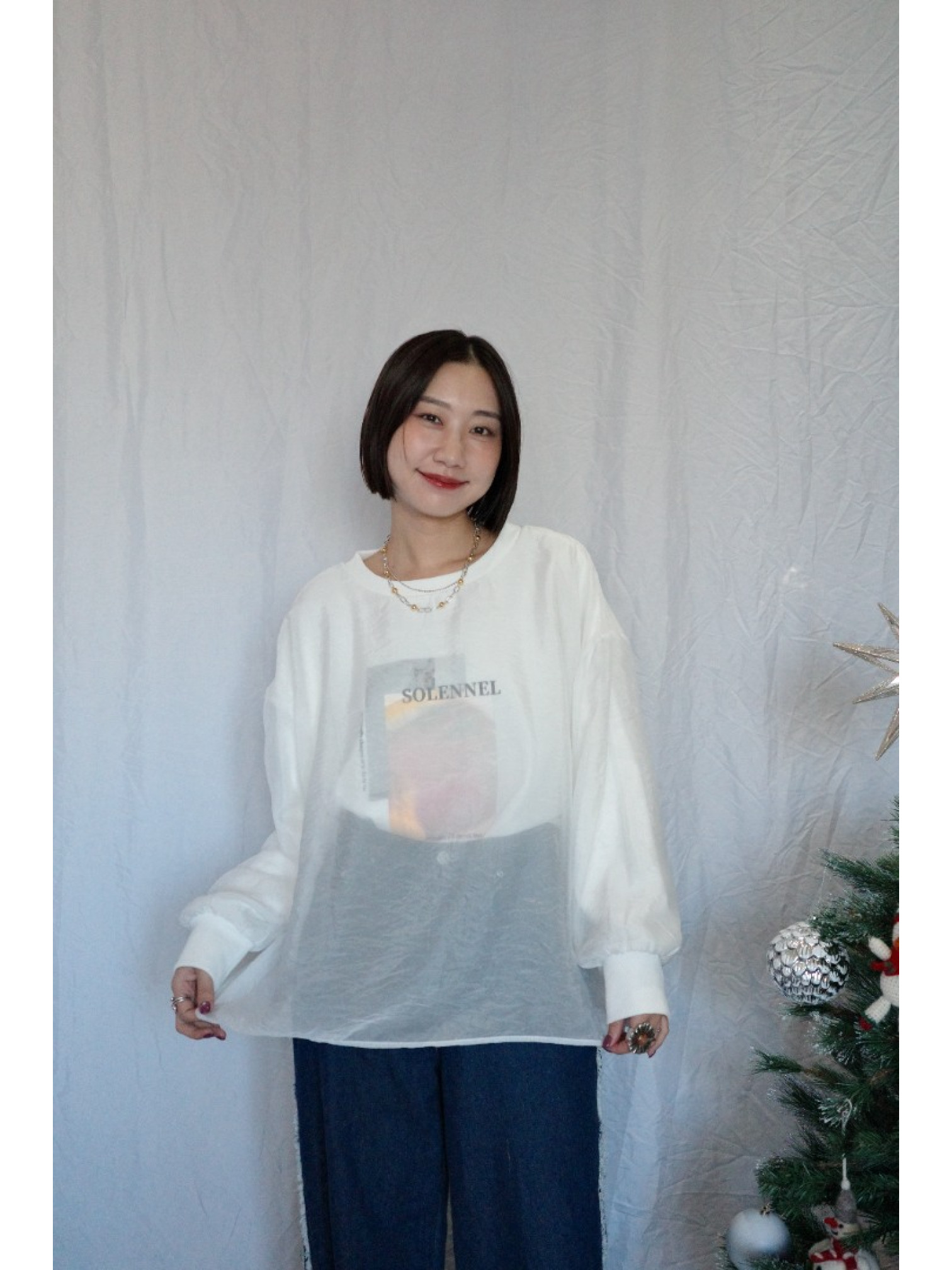 JP｜3WAY透視多層次印花大學T/白