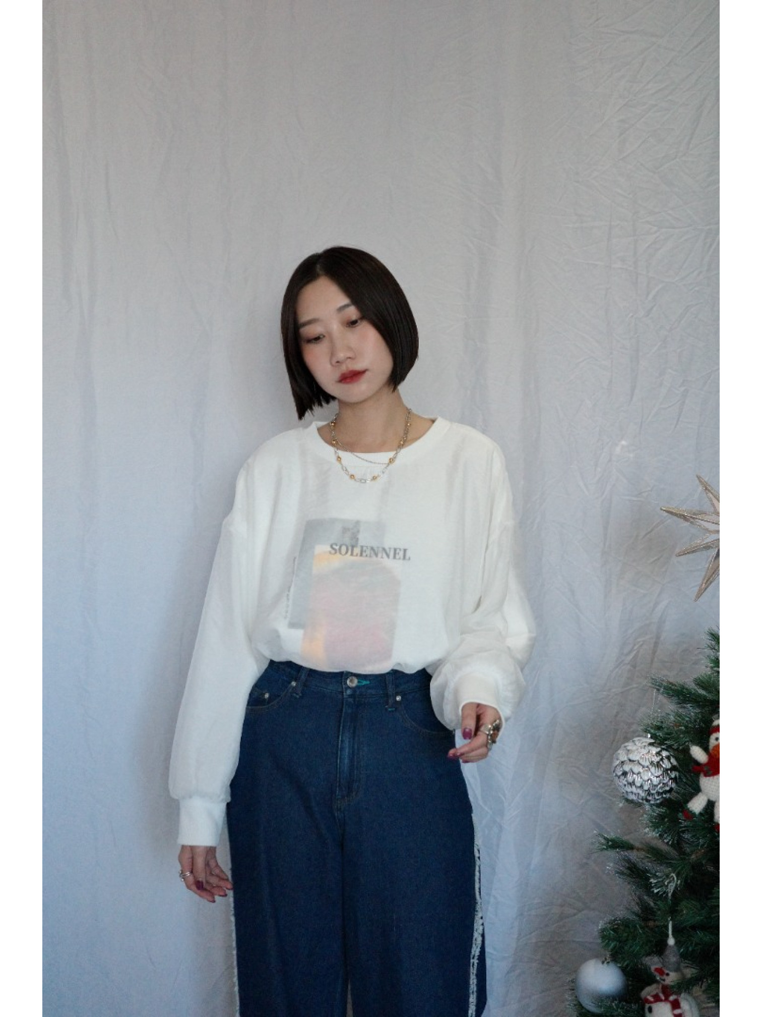 JP｜3WAY透視多層次印花大學T/白