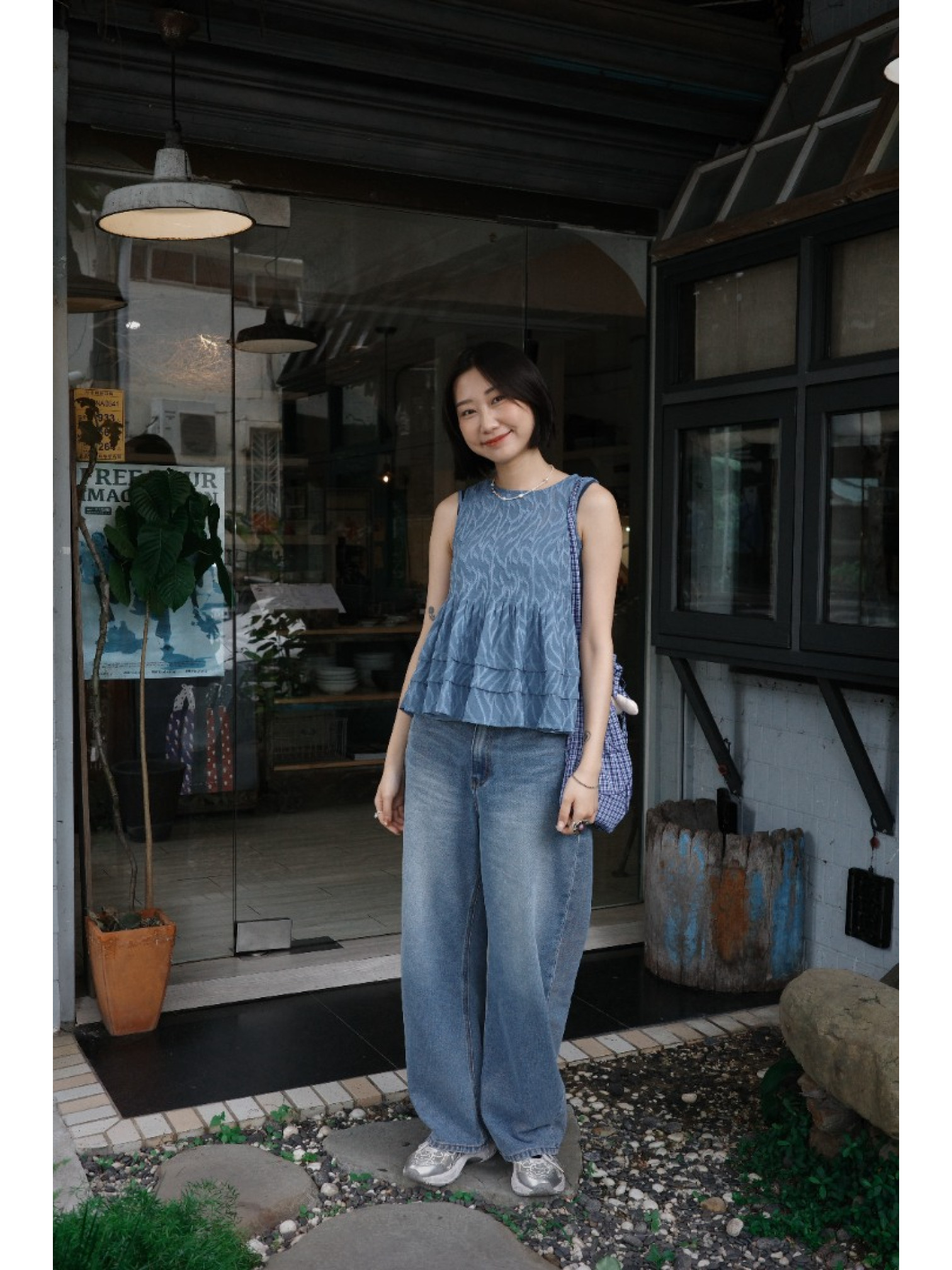 JP｜高腰繭型牛仔褲/藍L