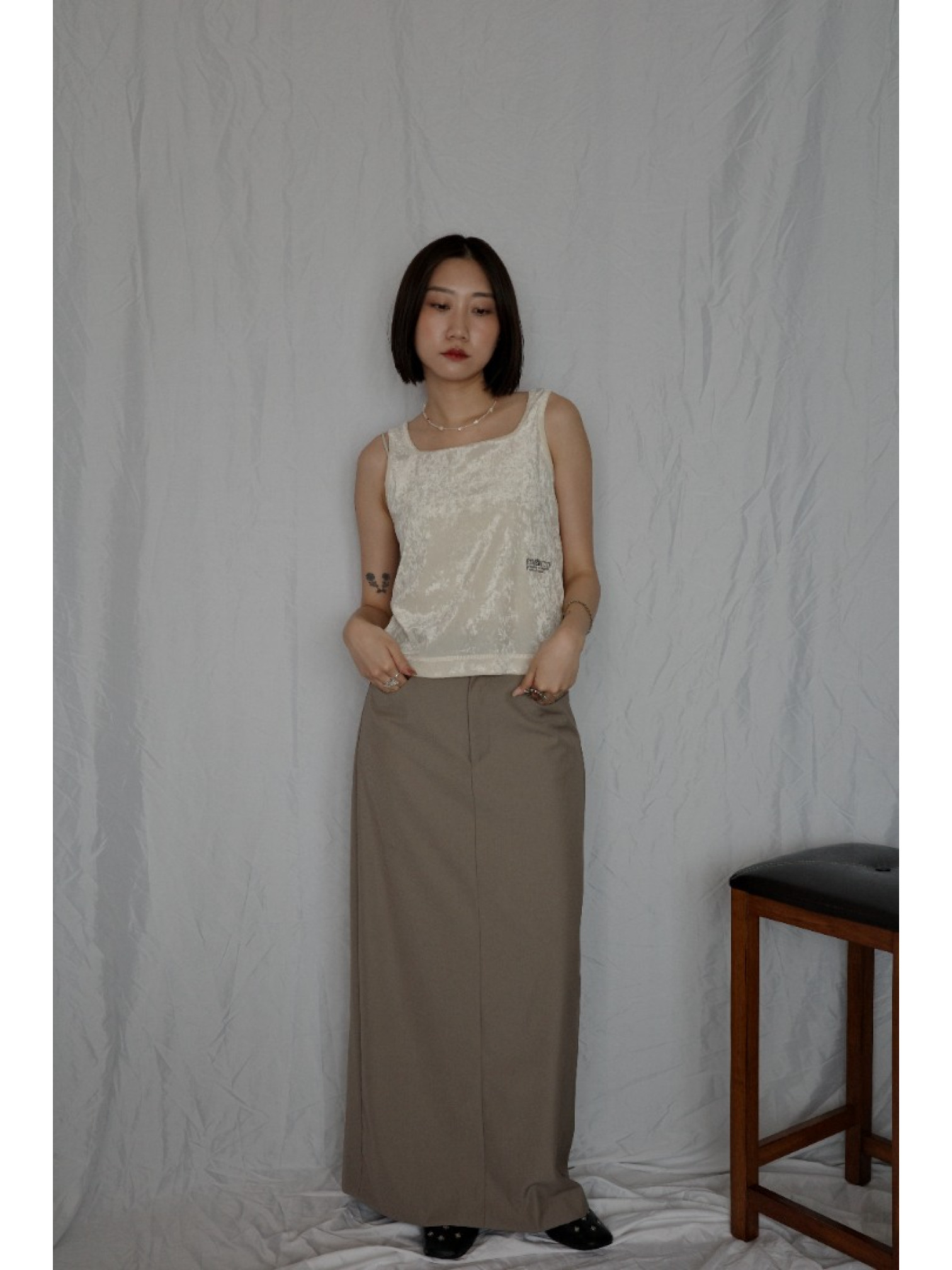 JP｜天鵝絨透視背心/米