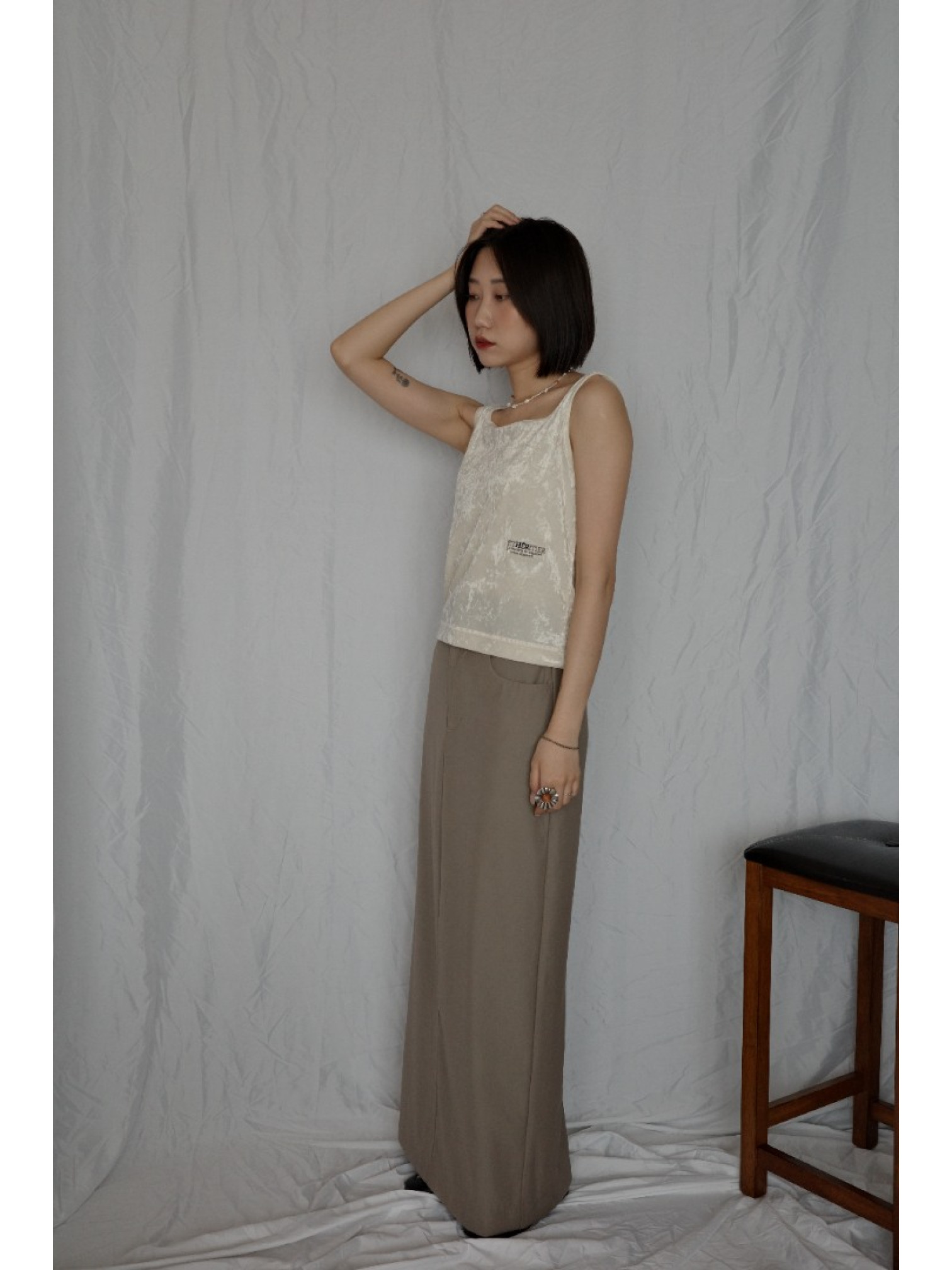 JP｜天鵝絨透視背心/米