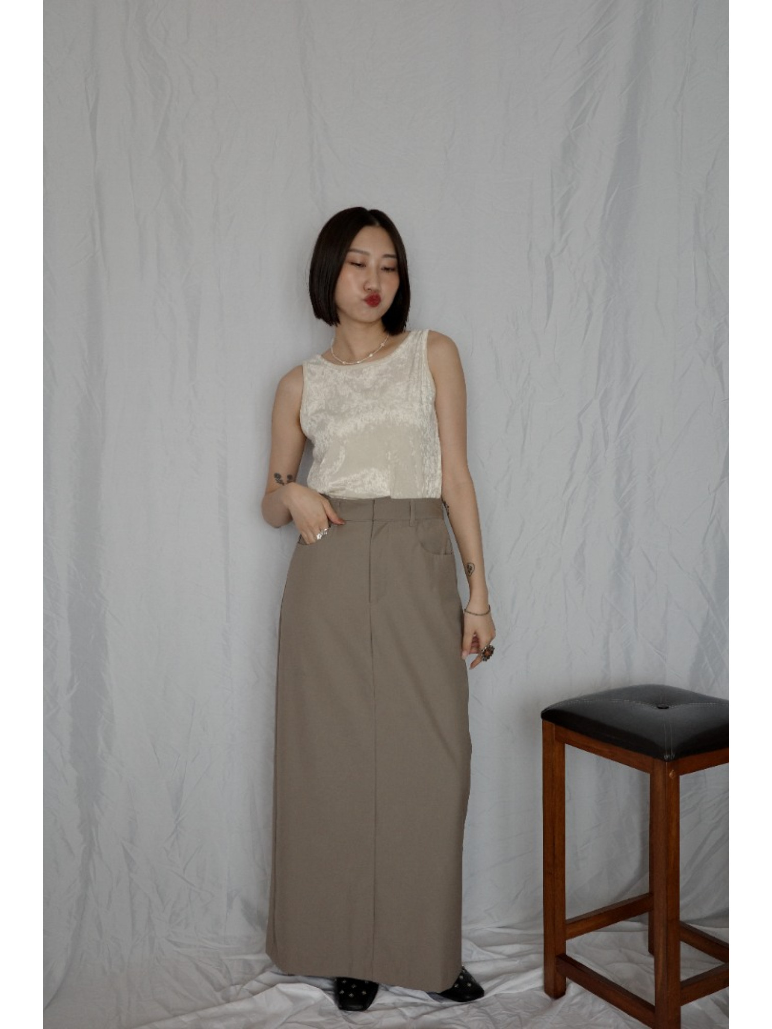 JP｜天鵝絨透視背心/米