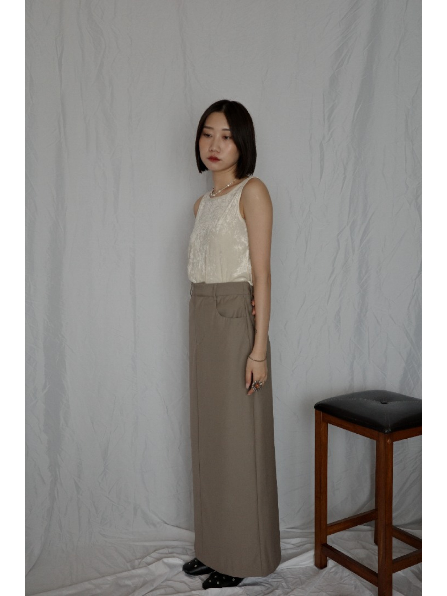 JP｜天鵝絨透視背心/米