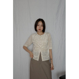 JP｜天鵝絨透視五分袖上衣/米